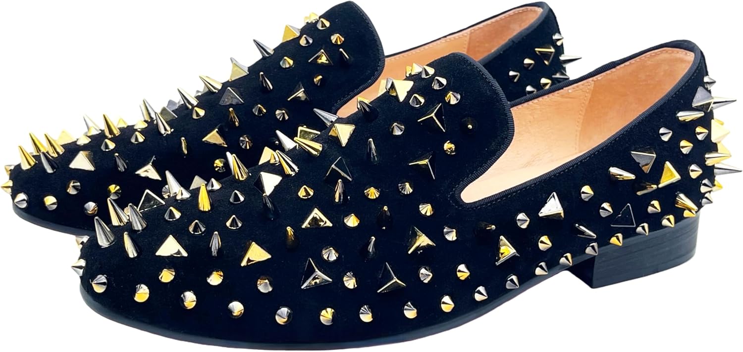 Justar Men's Leather Spikes Loafers Studded Dress Shoes Slip-on Flats Long Rivet Party Shoes - Image 6