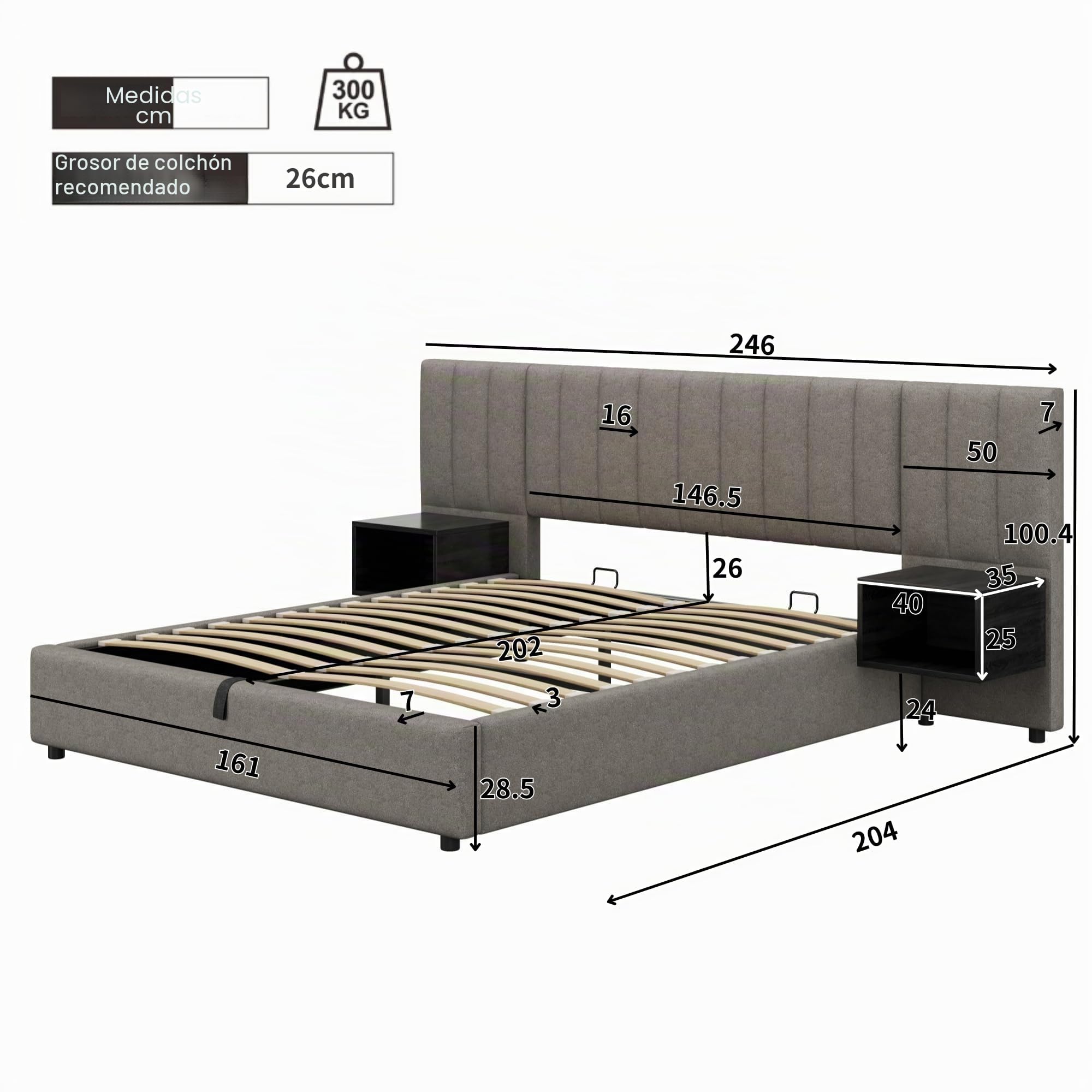 Cama acolchada de 160 x 200 cm, cama hidráulica de patas anchas, cama de matrimonio con dos mesitas de noche con contenedor, somier de láminas de madera, lino, apto para adultos y jóvenes, gris