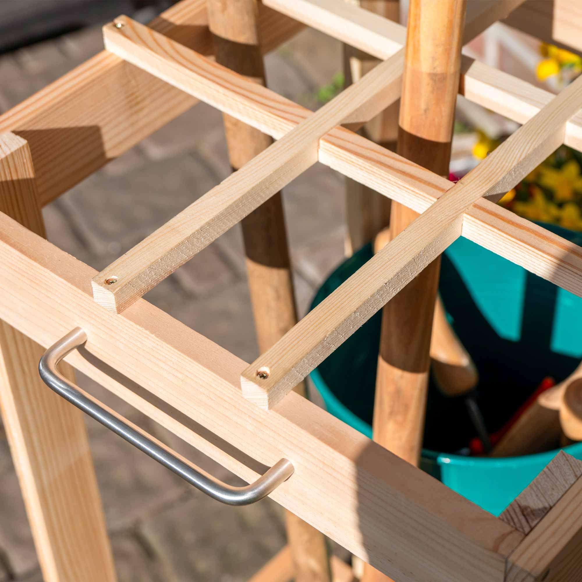 dobar® Organizador de herramientas de jardín con ruedas - Soporte móvil de madera para herramientas de jardín - Estante de herramientas de jardín enrollable para jardín, garaje y cobertizo - 38 x 38 x