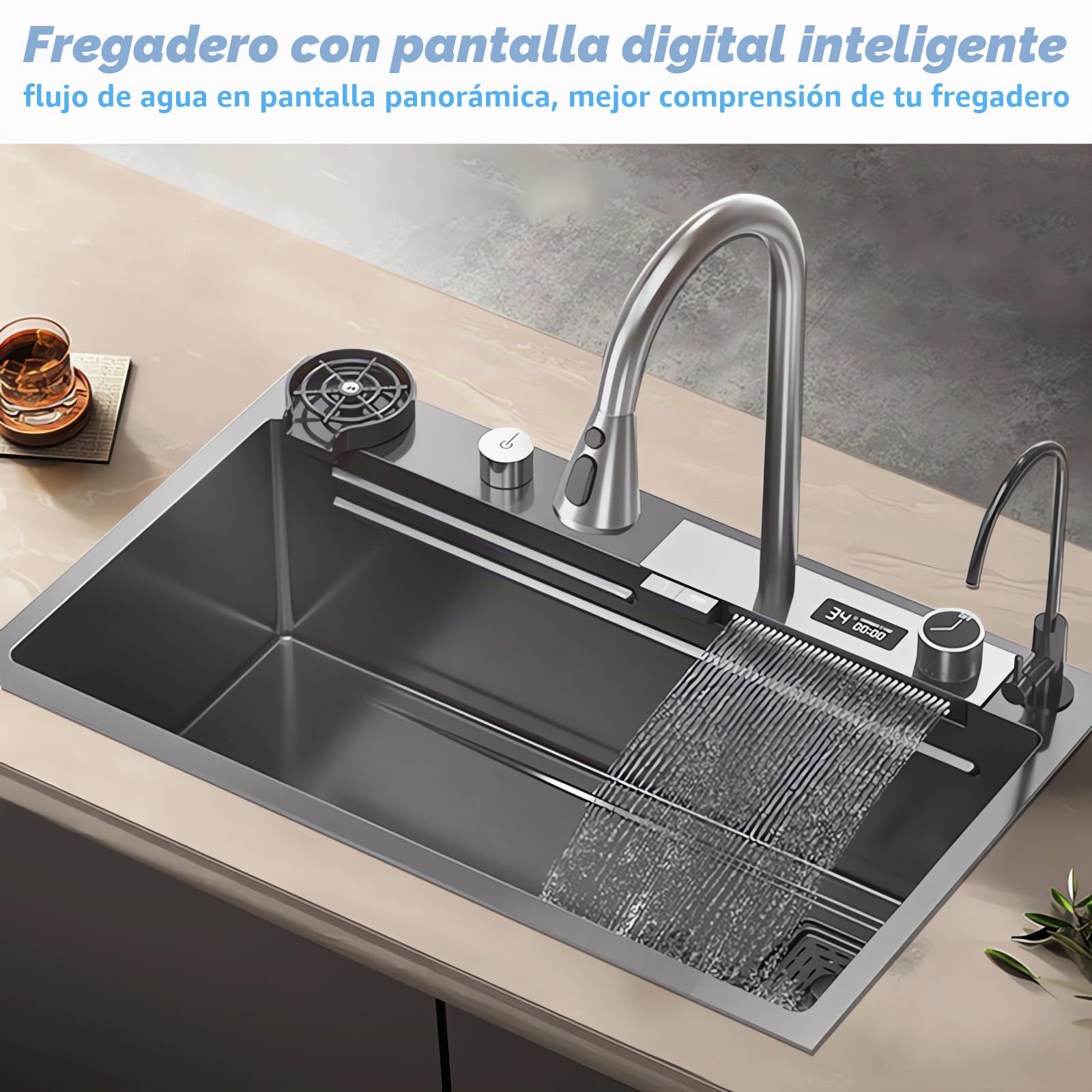 Moderno fregadero de cocina de acero inoxidable de 85 x 45 cm, lavabo individual multifuncional, elegante diseño negro gris, fácil de limpiar, ideal para cocinas domésticas y restaurantes