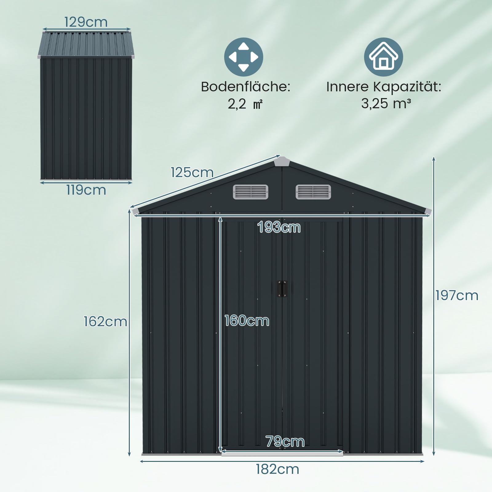 COSTWAY Domek ogrodowy metalowy, 182 x 129 x 197 cm | 3,25 m³, szopa ogrodowa z dachem dwuspadowym i 2 drzwiami przesuwnymi, szopa na narzędzia z zamkiem, domek ogrodowy, szopa ogrodowa na zewnątrz