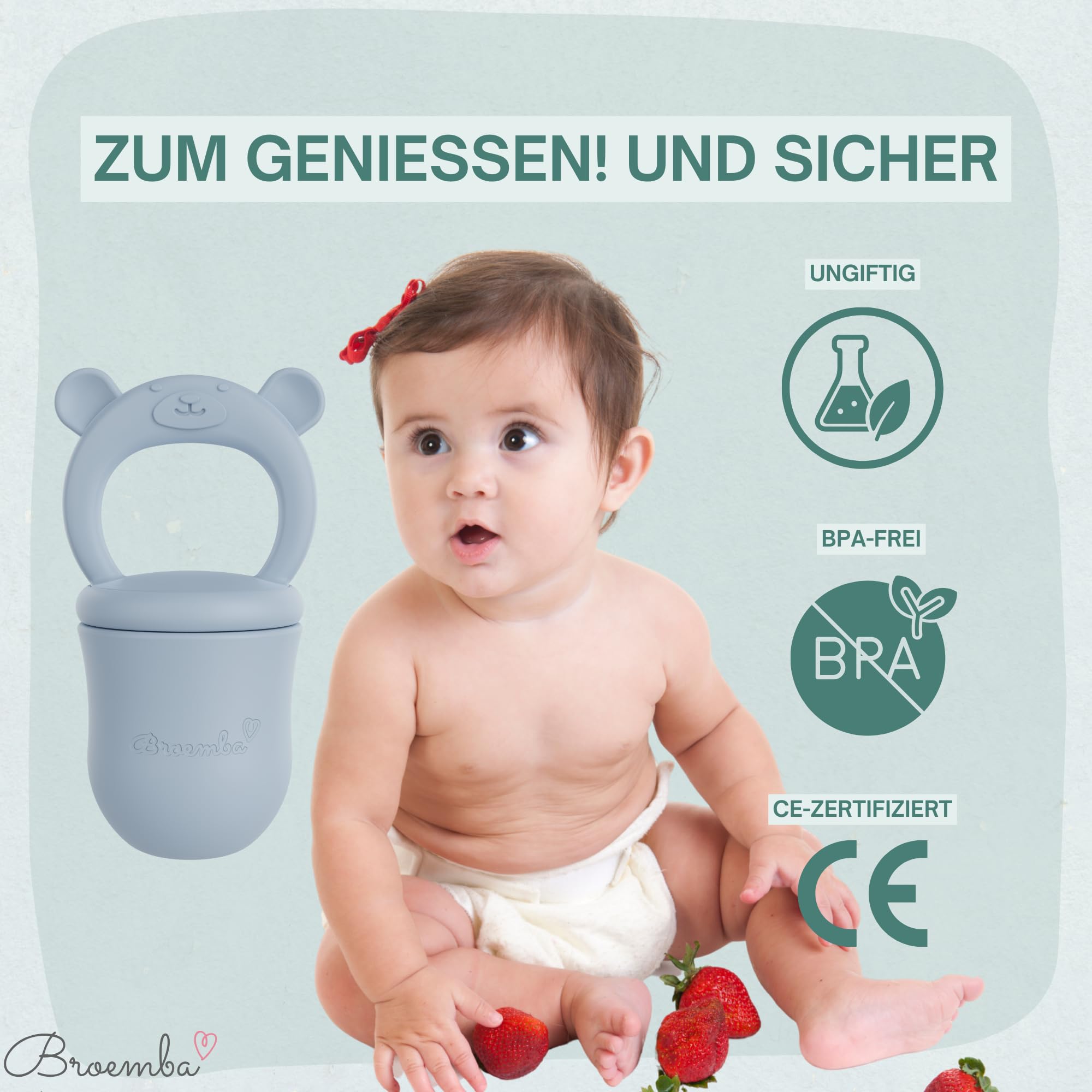 Grignoteur de fruits et lot de 3 tétines avec moule à glace - Grignoteur en silicone bleu avec anneau de dentition, sucette pour fruits et légumes, moule à glaçons avec couvercle - 2