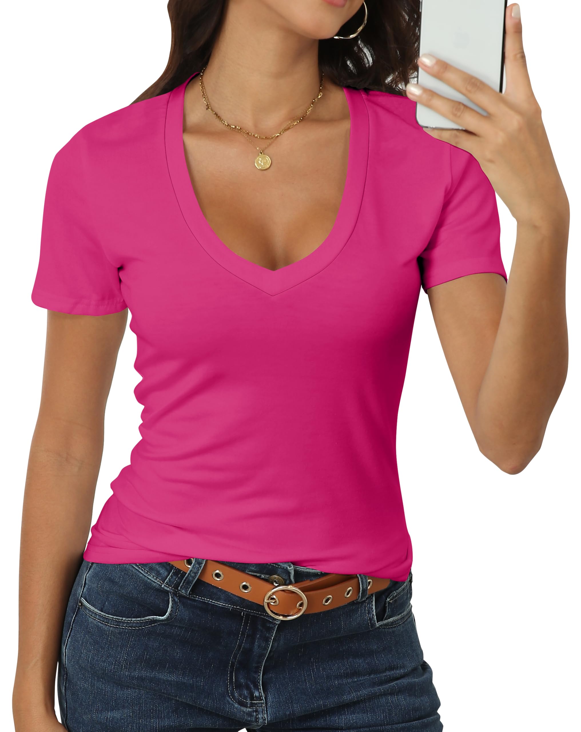Roselux Women Short Sleeve Deep V Neck Tops Shirts Fitted Cotton Summer Tshirt Tee