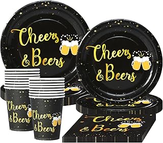 SINGOMON 64PCS Black and Gold Birthday Decorations Disposable Party Plates and Cutlery Set Cheer to Beer Paper Plates Cups Napkins for Graduation Decorations 2023, Adult Birthday Decorations, Gold Party Decorations, Hen Party Supplies, Wedding Decor