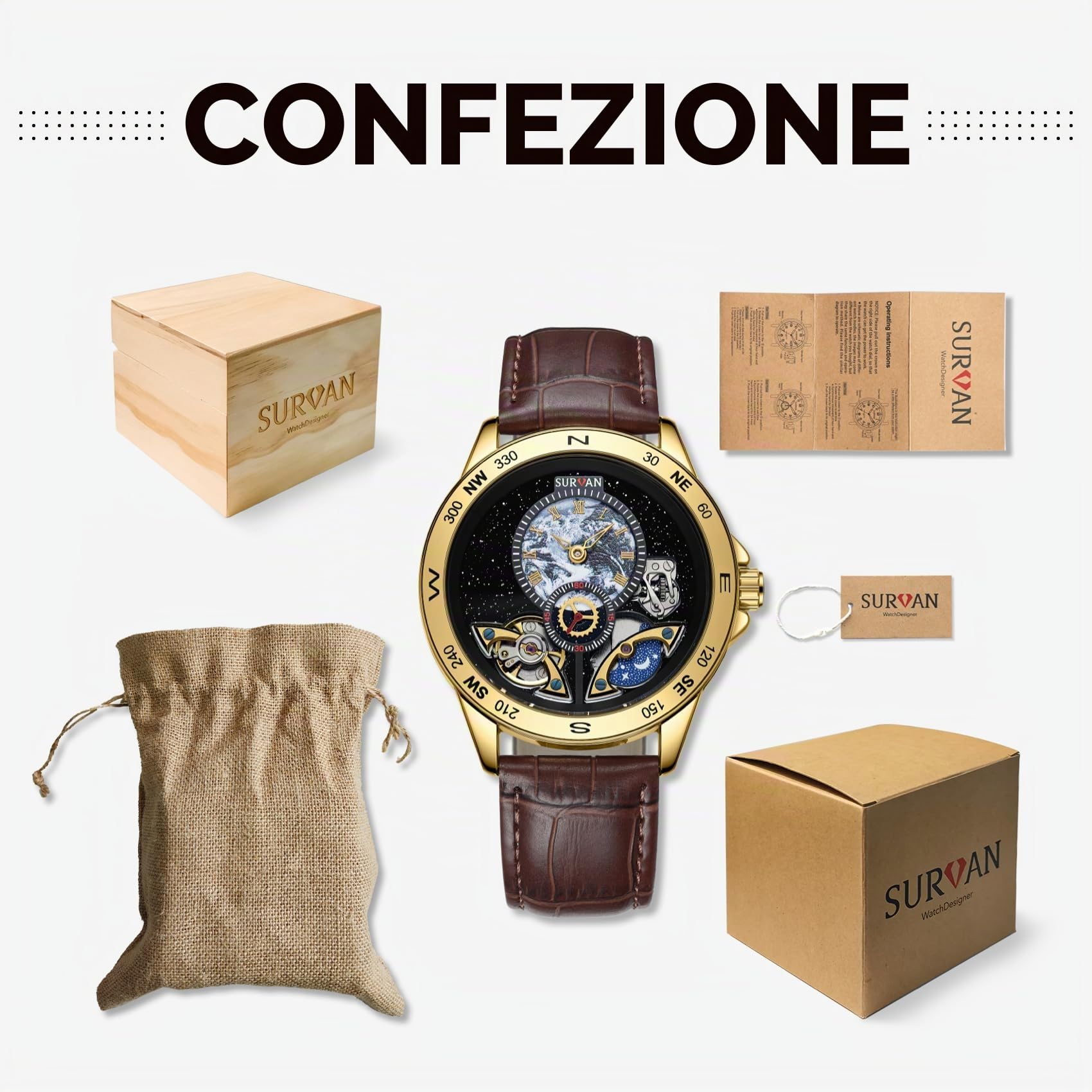 Orologio Automatico Meccanico da Uomo Scheletrato,Quadrante con Mappa del Mondo, Cassa in Acciaio Placcata Oro 18K, Vetro Zaffiro, Cinturino in Pelle Vera, Eleganza