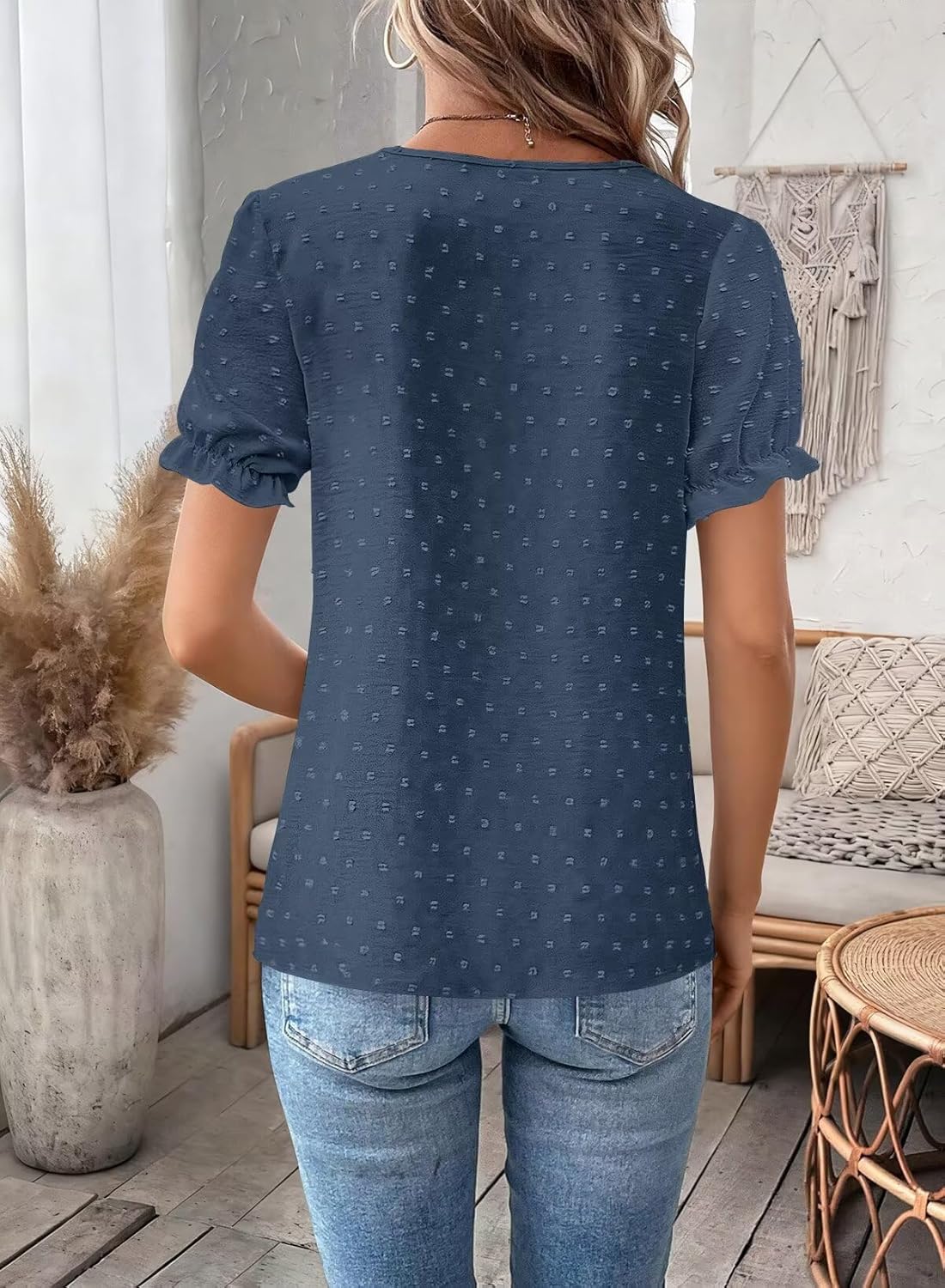 Falechay Womens Summer Tops Boho Short Sleeve Shirts V Neck Casual Chiffon Blouses Flowy Lace Hem Spring Clothing Trendy 2025