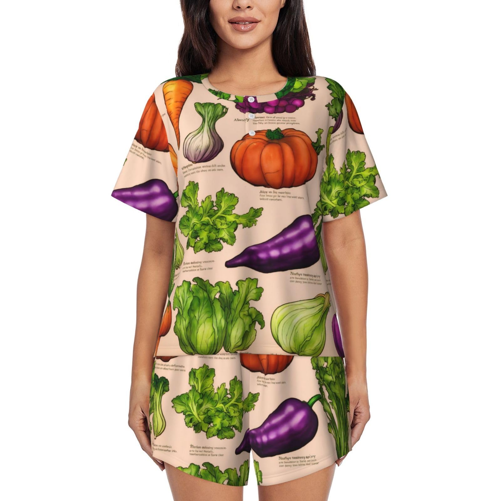 Wurton Women's Black Fruit And Vegetable Pajamas Sets Shorts 2 Piece Short Sleeve Lounge Sets Sleepwear Casual Pjs With Pockets, M