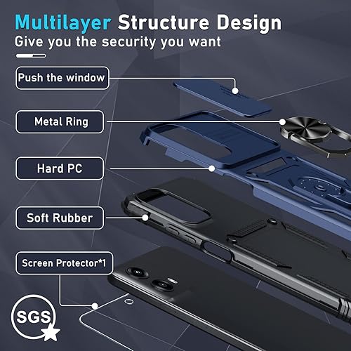 Miniatura 4 de Janmitta Funda compatible con Moto G 5G 2024, funda integrada para lente de cámara deslizante + protector de pantalla + soporte de anillo de dedo,