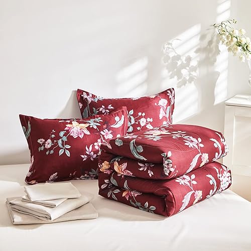 Miniatura 5 de Joyreap Bed in a Bag King, juego de sábanas de edredón floral de 7 piezas, hojas coloridas sobre blanco para todas las estaciones, 1 edredón, 2