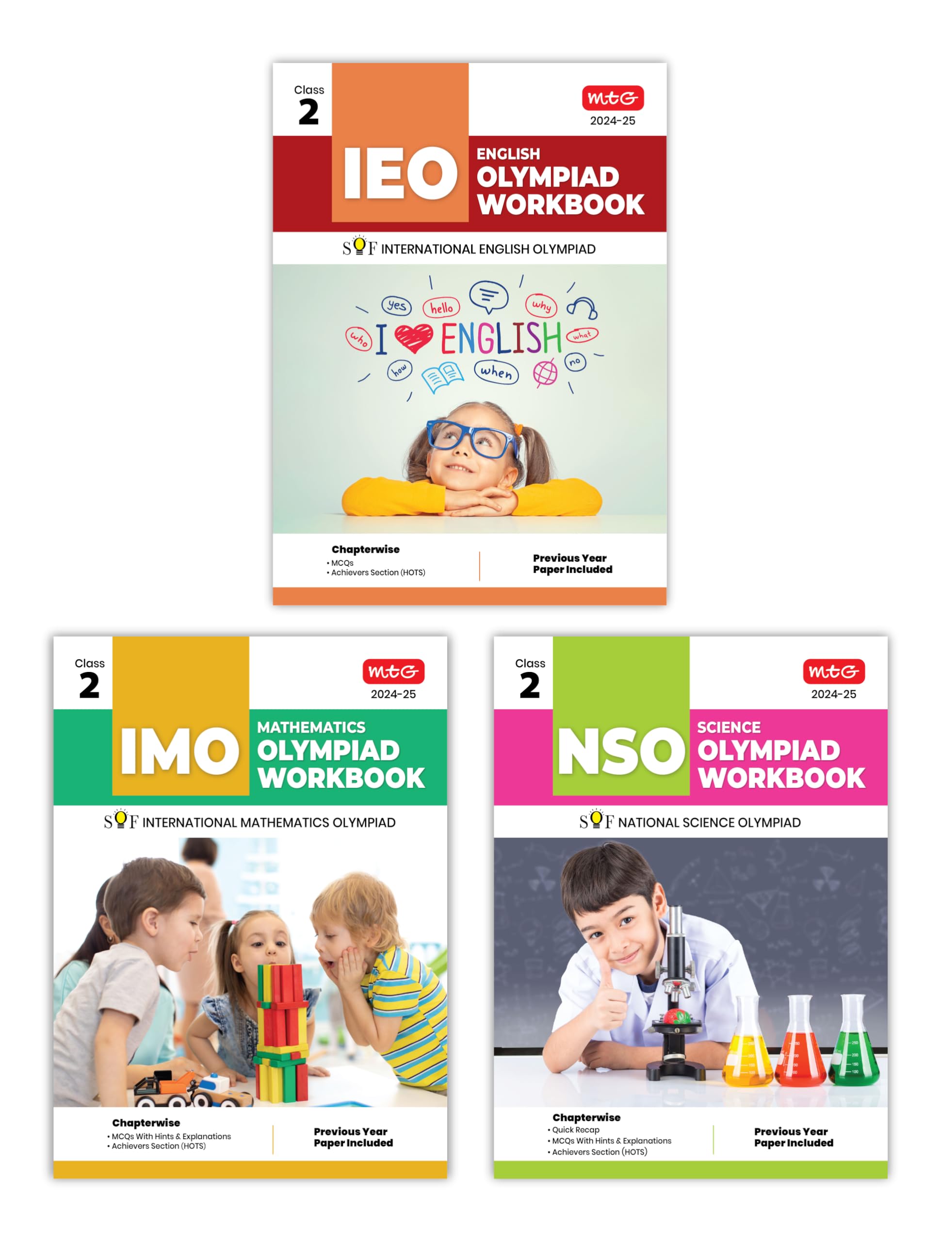 MTG NSO-IMO-IEO (Science, Mathematics & English) Olympiad Workbook Combo Class-2 (Set of 3 Books) | MCQs, Previous Years Solved Paper & Achievers Section - SOF Olympiad Preparation Books For 2024-25 Exam Product Bundle – 1 April 2024