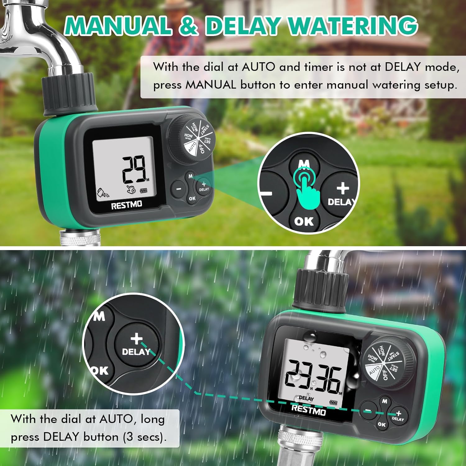 Instructions for Manual and Delay Watering modes on the timer