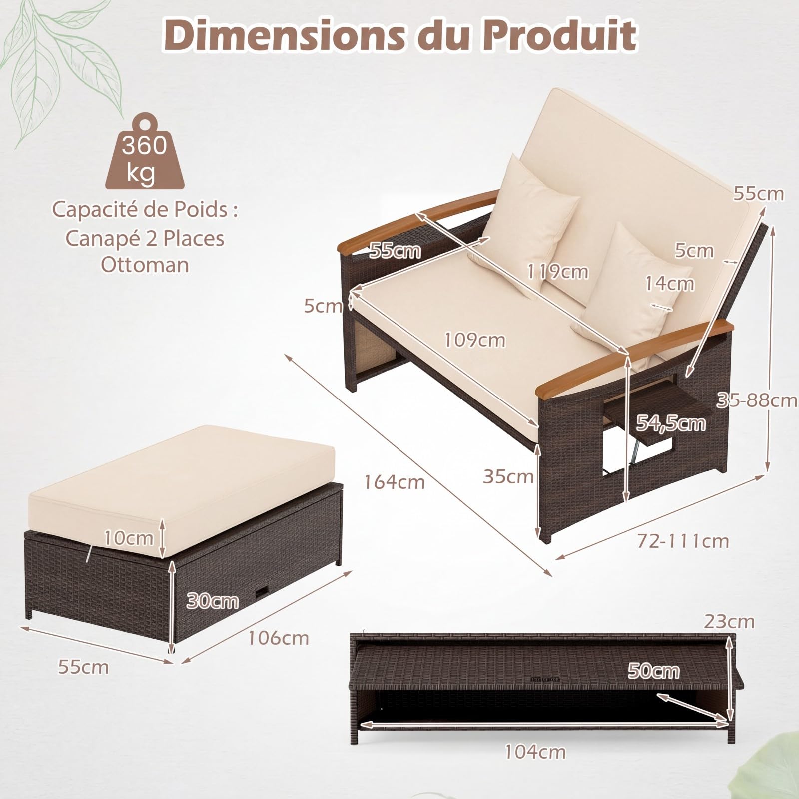 COSTWAY Salon de Jardin en Rotin avec Ottoman de Rangement, Bain de Soleil avec Plateau Latéral Rétractable Dossier Réglable sur 4 Niveaux, Canapé à 2 Places pour Jardin Patio Piscine (Marron+Beige)