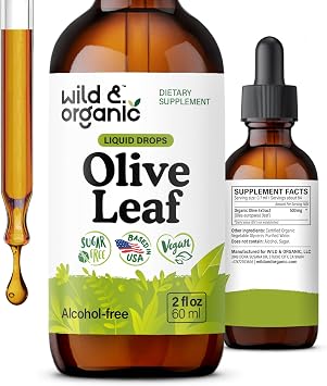 Wild & Organic Olive Leaf Extract Liquid Drops - Immune & Antioxidant Support - Oleuropein Olive Leaf Supplement - Add to Tea Tincture - Vegan, Sugar & Alcohol-Free - 2 fl oz