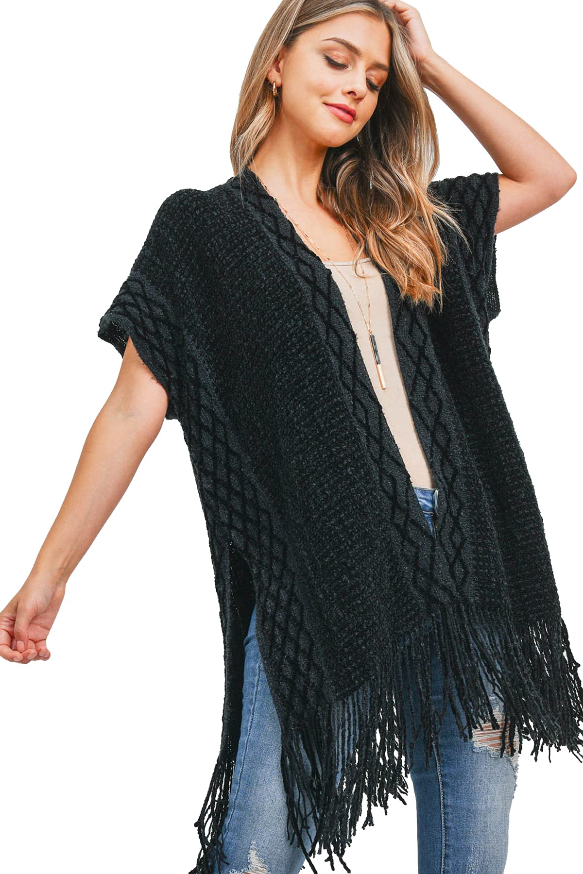 Knit Open Poncho Sweater Versatile Kimono Cardigan Tassel Classic