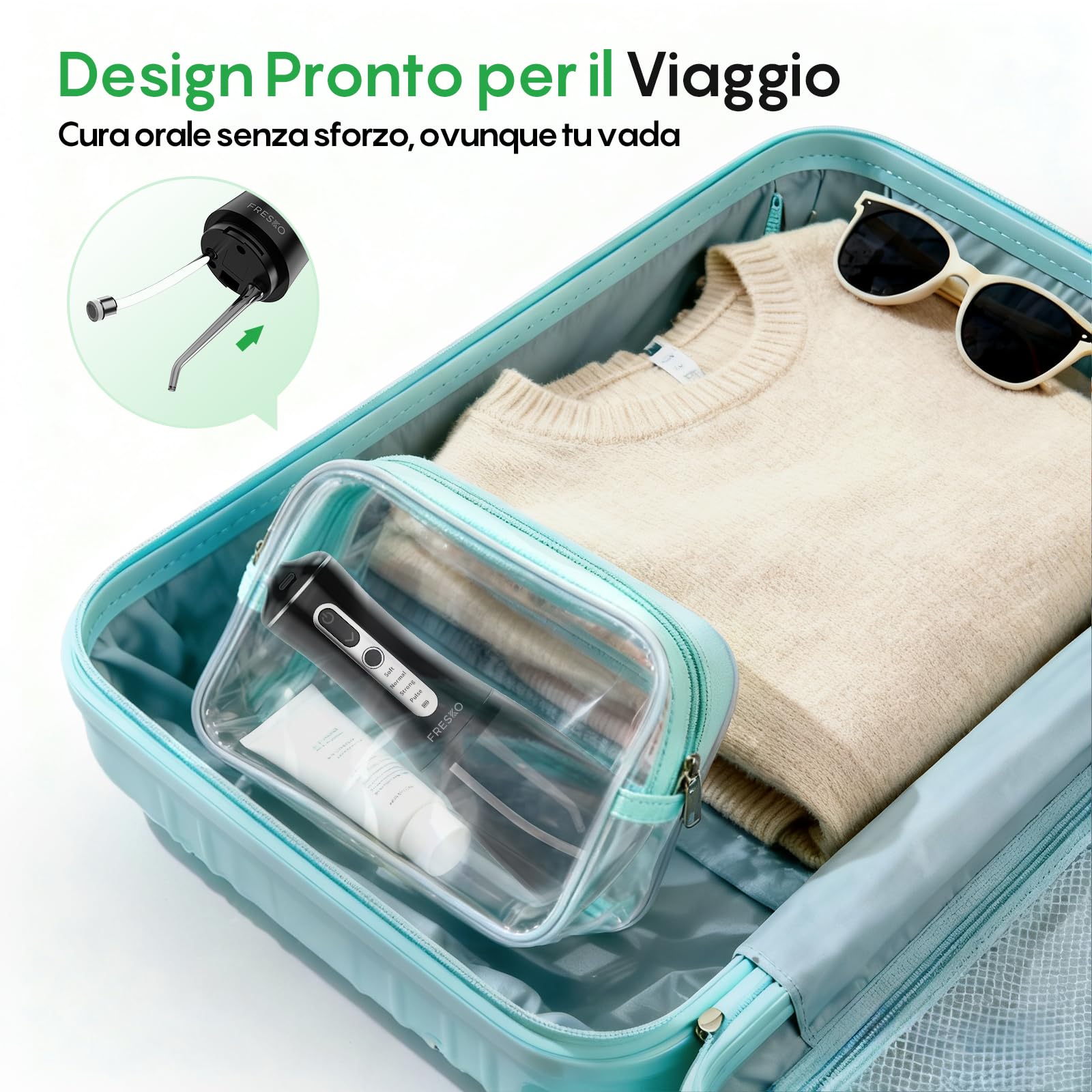 FRESKO Idropulsore Dentale Portatile, 300ML Irrigatore Orale con 4 Modalità 45-105PSI, Batteria 2600mAh, Impermeabile IPX7, 5 Punte per Apparecchi e Impianti
