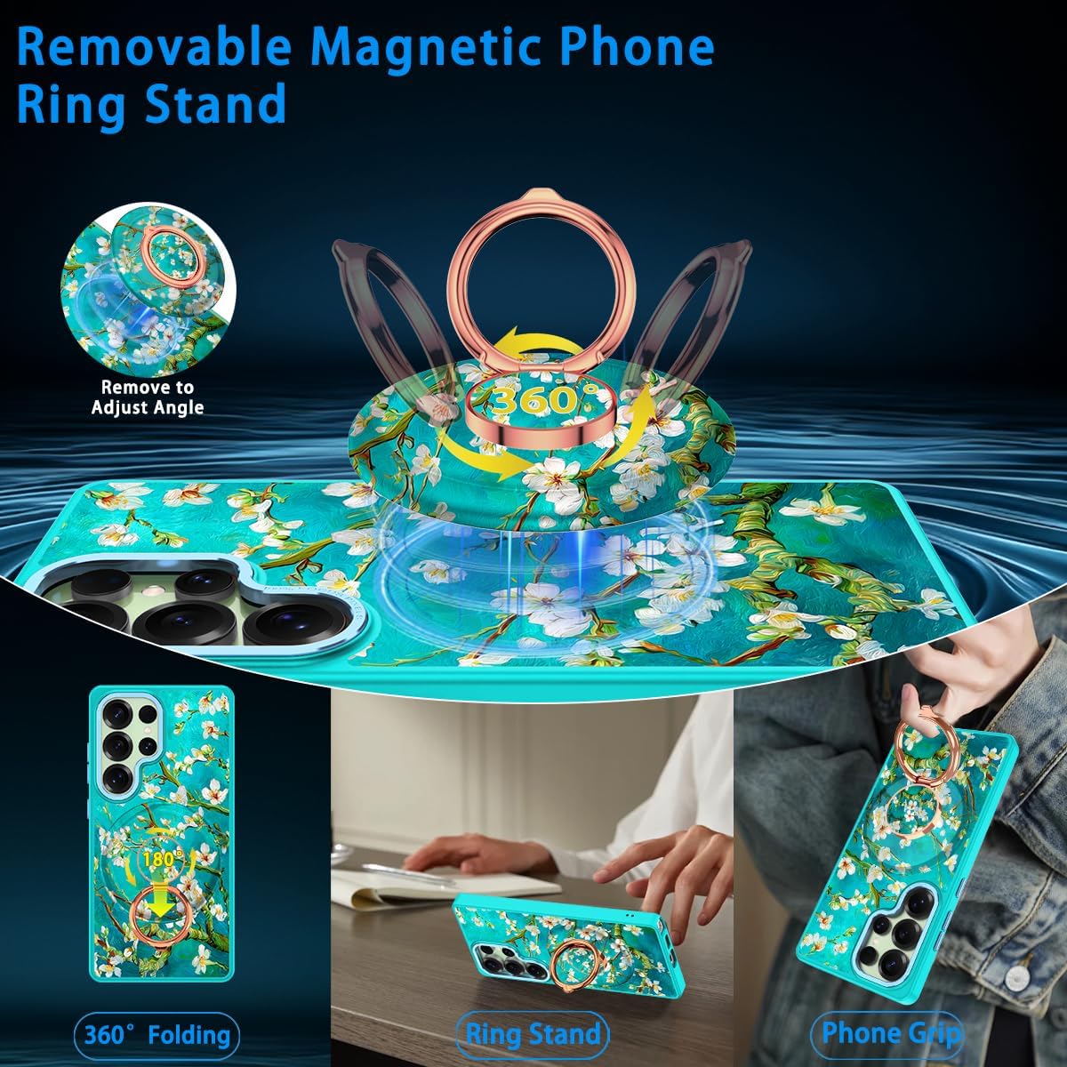 Meshine for Galaxy S25 Ultra Case,Compatible with MagSafe,360°Magnetic Ring Holder Rotation Stand,Matte with Cute Flowers for Women Girls Funny Fashion Cover for Samsung Galaxy S25 Ultra 5G,LightGreen image 3