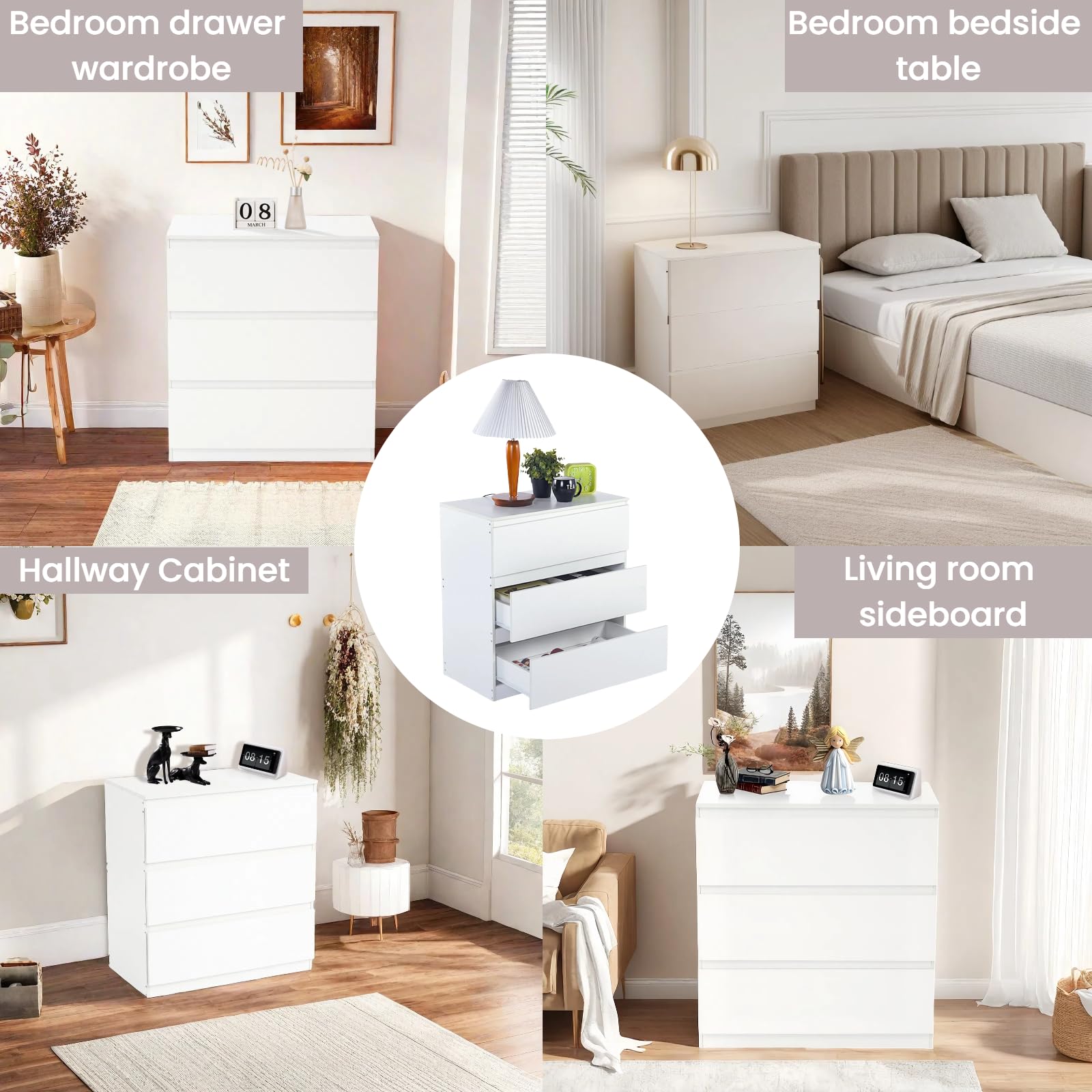 Commode, Armoire, avec 3 tiroirs, Largeur 70 cm, Meuble de Rangement Chambre, adapté pour Salon, Chambre, Chambre d'enfant, Bureau, Blanc, 70cm×40cm×75cm