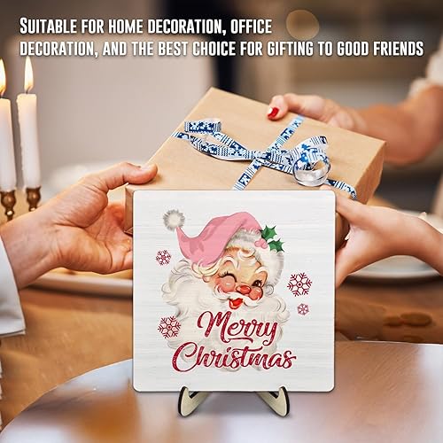 Miniatura 5 de Letrero de placa de madera con texto en inglés "Merry Christmas", letrero de madera para decoración de escritorio de oficina en casa, 5.9 x 5.9