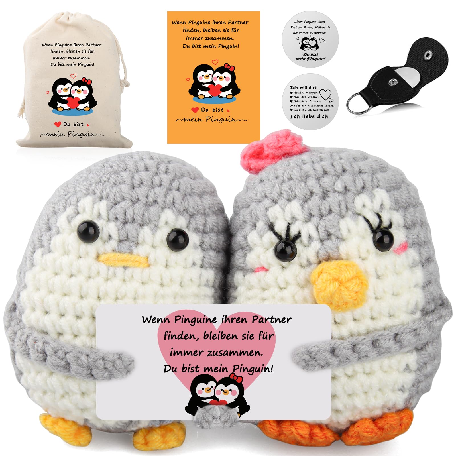 Positiver Pinguin Schlüsselanhänger – Gestrickt Mit Motivationskarte, Süßes Geschenk Für Kinder & Erwachsene