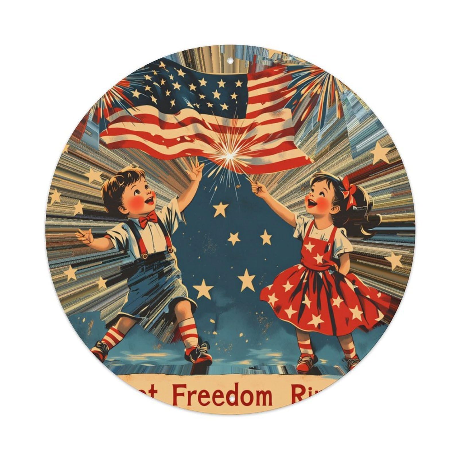 American Flag Fireworks Stars Children Freedom Round Tin Sign Retro Metal Sign for Cafe Bar Pub Home Game Room Gym Club Wall Decoration Vintage Metal Poster 8x8 Inch