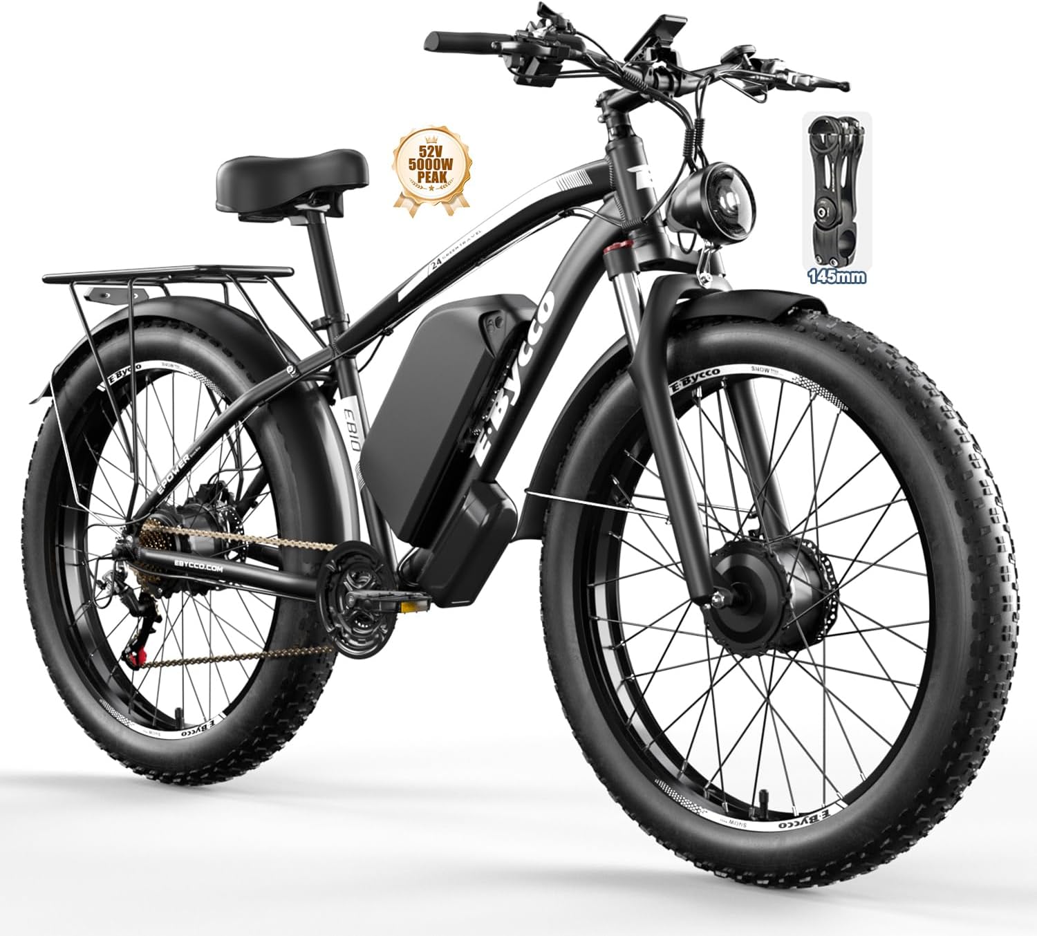 24Inch 5000W Peak Twin Motor Electrical Bike for Adults, 52V 32Ah Battery, 40-45MPH&100Miles Lengthy Vary AWD E-Bicycles, 7-Velocity Fats Tire Mountain E-Bikes, Hydraulic Disc Brake, Males Girls Commuter Ebikes