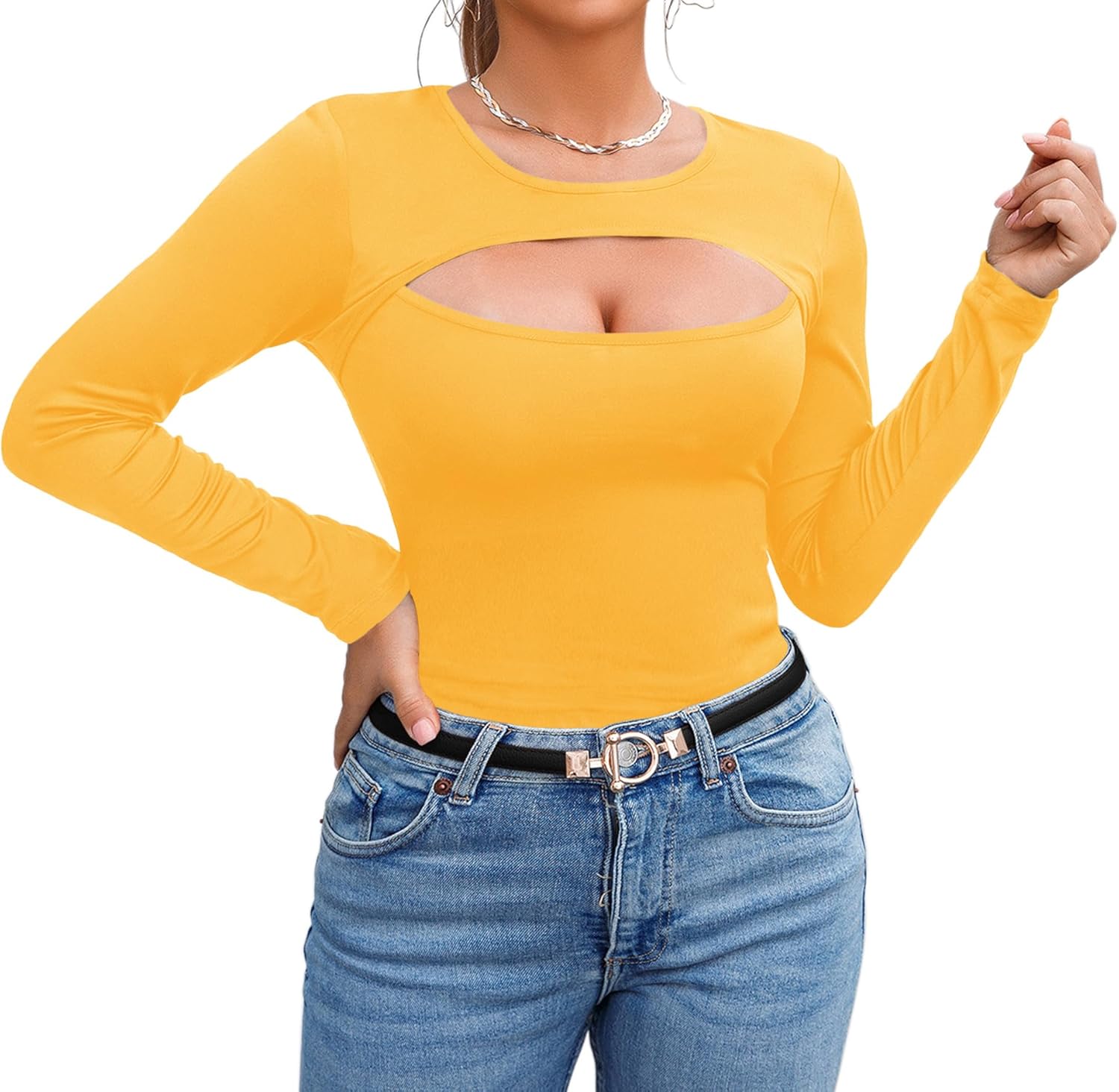 Afibi Women's Cutout Tops Basic Long Sleeve Round Neck Slim Fit T-Shirts - Image 3