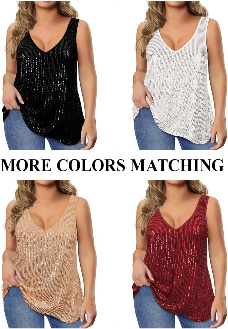RITERA Plus Size Sequin Tank Tops for Women Sexy V/U Neck Sparkle Top Glitter Sleeveless Outfit Shimmer Camisole XL-5XL - Image 7