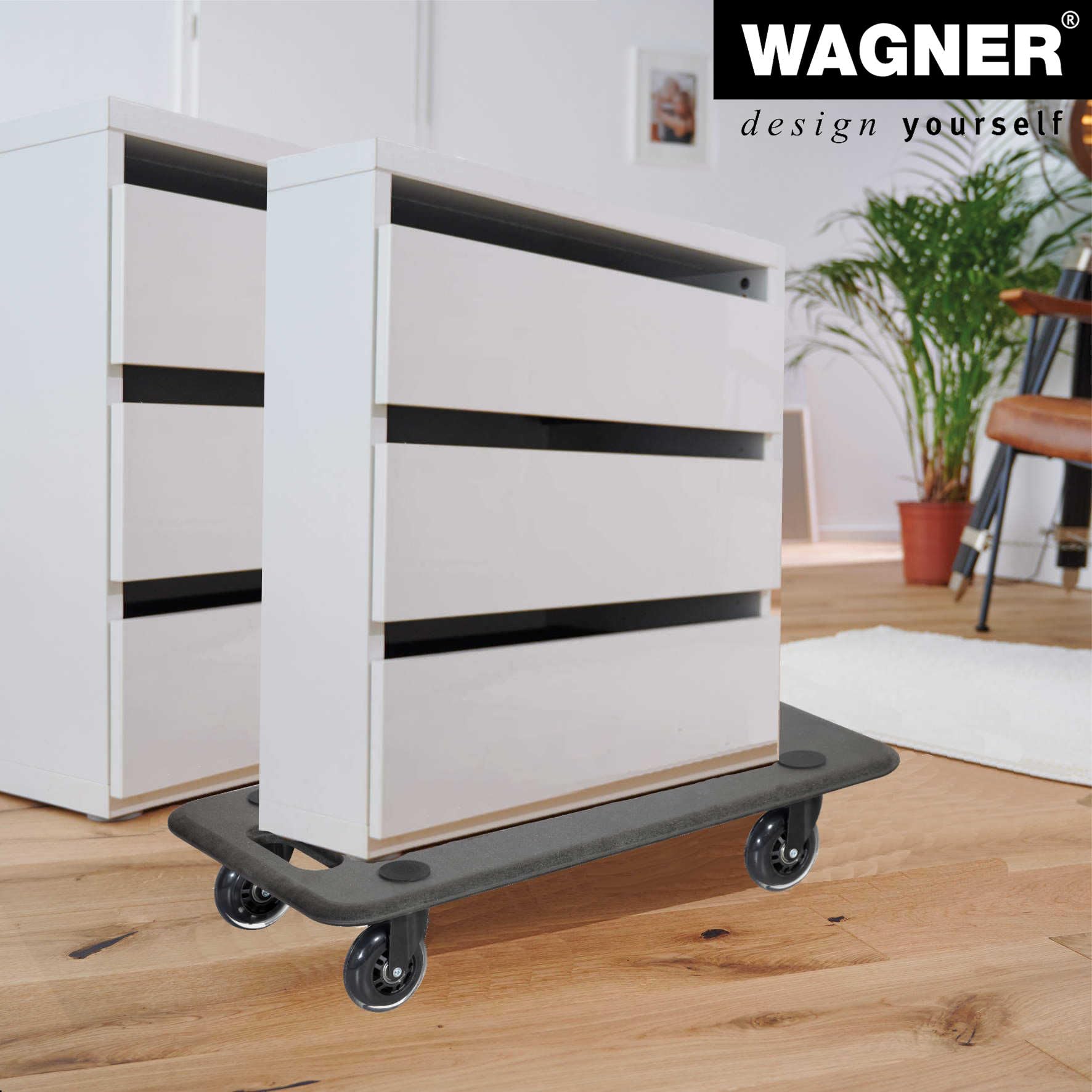 WAGNER Chariot de transport 1611 I Chariot à plateforme noir en MDF I 57,5 x 30 x 11 cm I Charge maximale 250 kg I Roulettes de meubles pour déménagement I Planche à roulettes I Roulette de charge