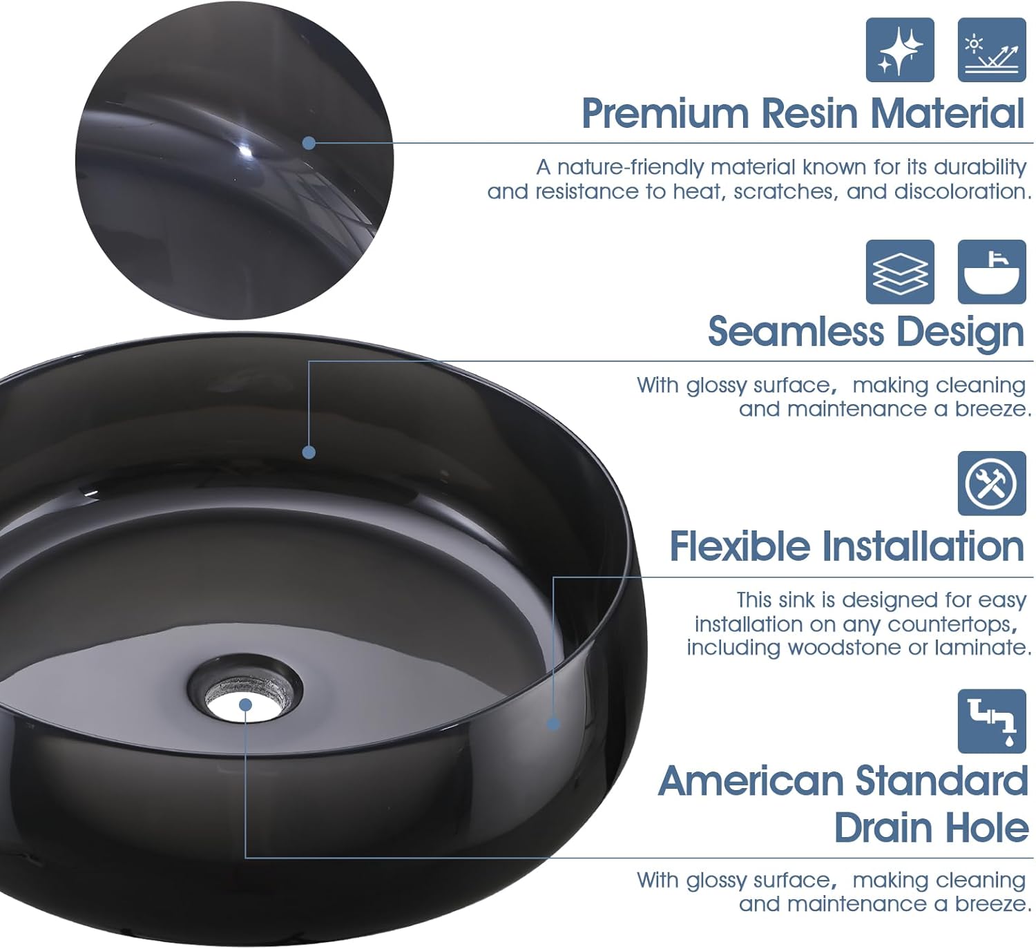 Bathroom Vessel Sink, Grey Bowl Basin, 17" Round Translucent Above Counter Cabinet Sink, Pop-up Drain Included, Gray
