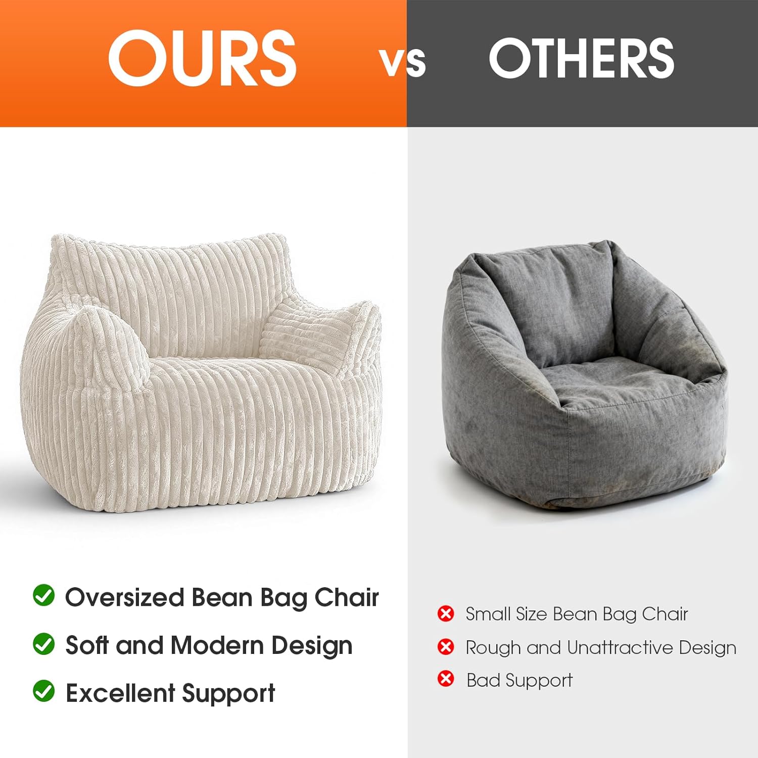 Giant Bean Bag Chair with Ottoman, Oversized Plush Comfy Bean Bag Sofa for Adults and Kids, Memory Foam Mini Couch Single Lounges for Living Room, Bedroom & Game Room(Beige)