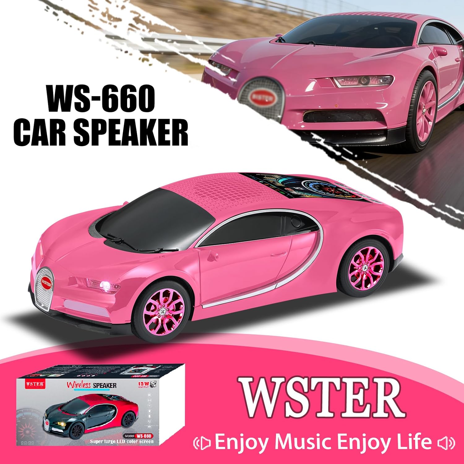 WS-660 Hypercar Bluetooth Replica Speaker with LED Starry-Sky Display, Portable with HD Sound, LED Party Light, TWS Pairing, FM/USB/TF Playback, Built-in Mic, Best Gift for Hypercar Lovers (Pink)
