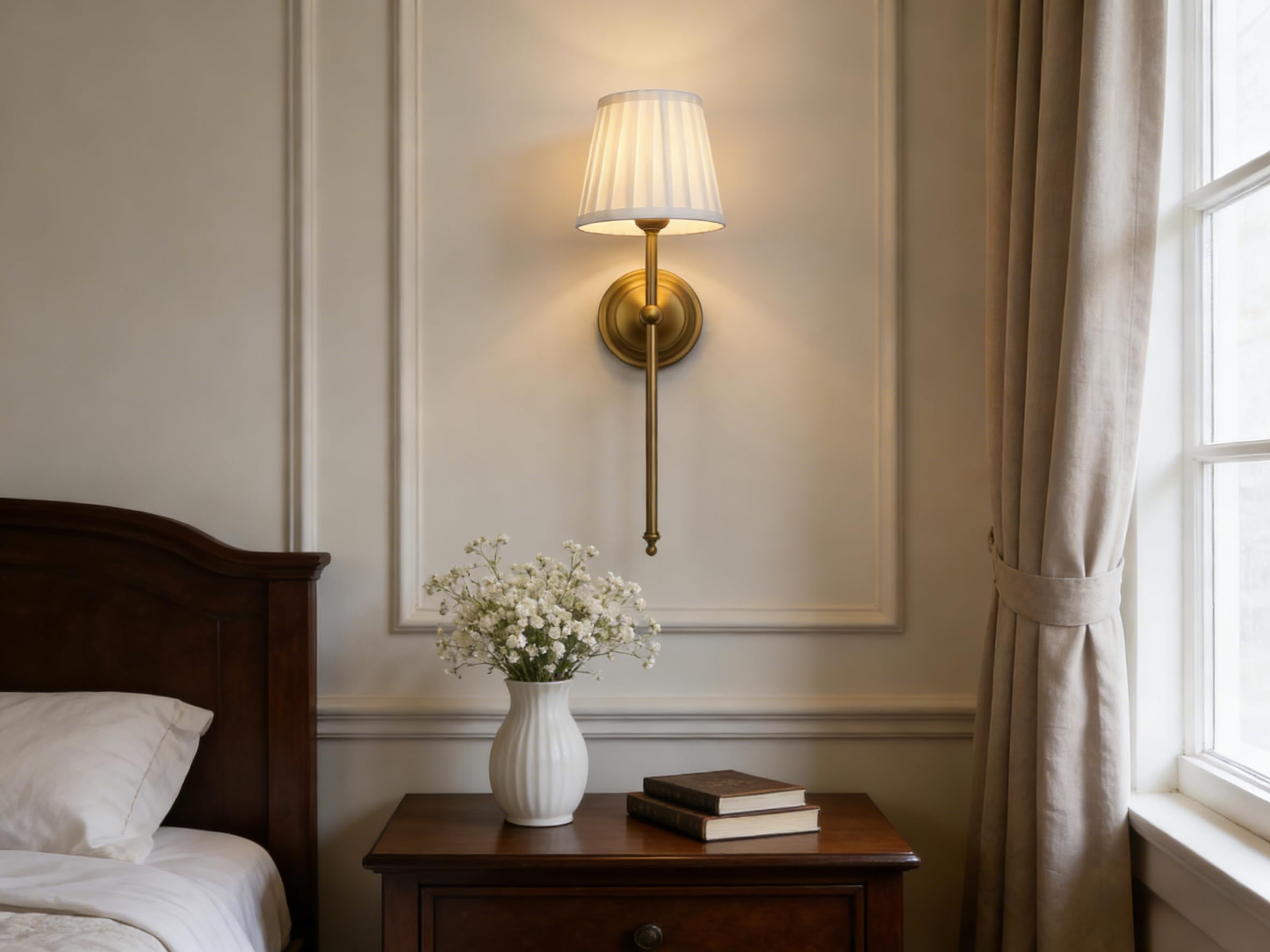 Wall Sconce Lighting Pleated White Fabric Boho Decor Industrial Vintage Bedside Nightstand Light Wall Mounted Lamp Fixture for — view 3