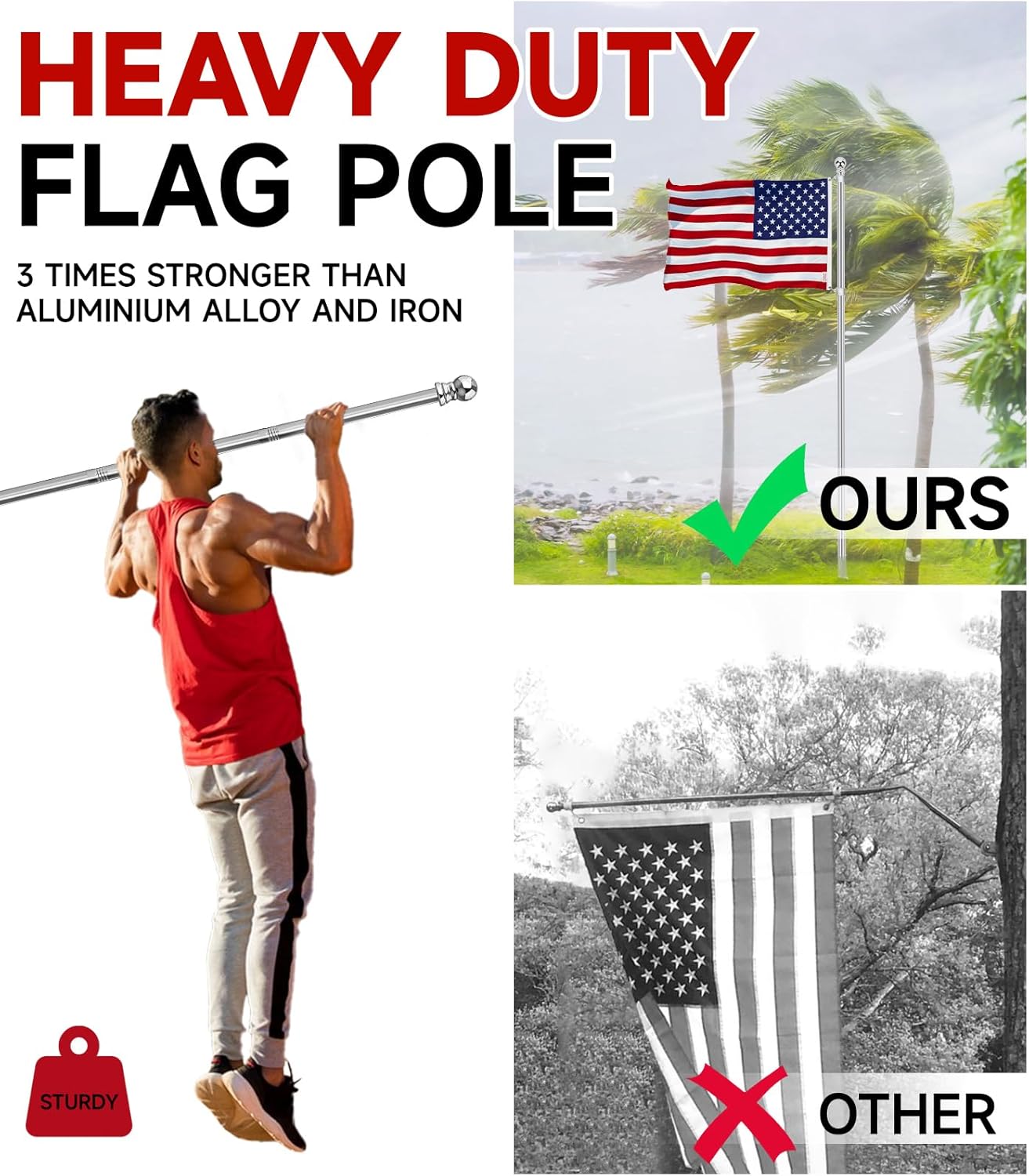 304 Stainless Steel Flag Poles,6 FT Flag Pole for Outside House, 1 Inch Outdoor Flag Pole with Swivels Rings, House Flag Pole for 3x5 Flag, Heavy Duty Flag Pole for Porch(Without Bracket)