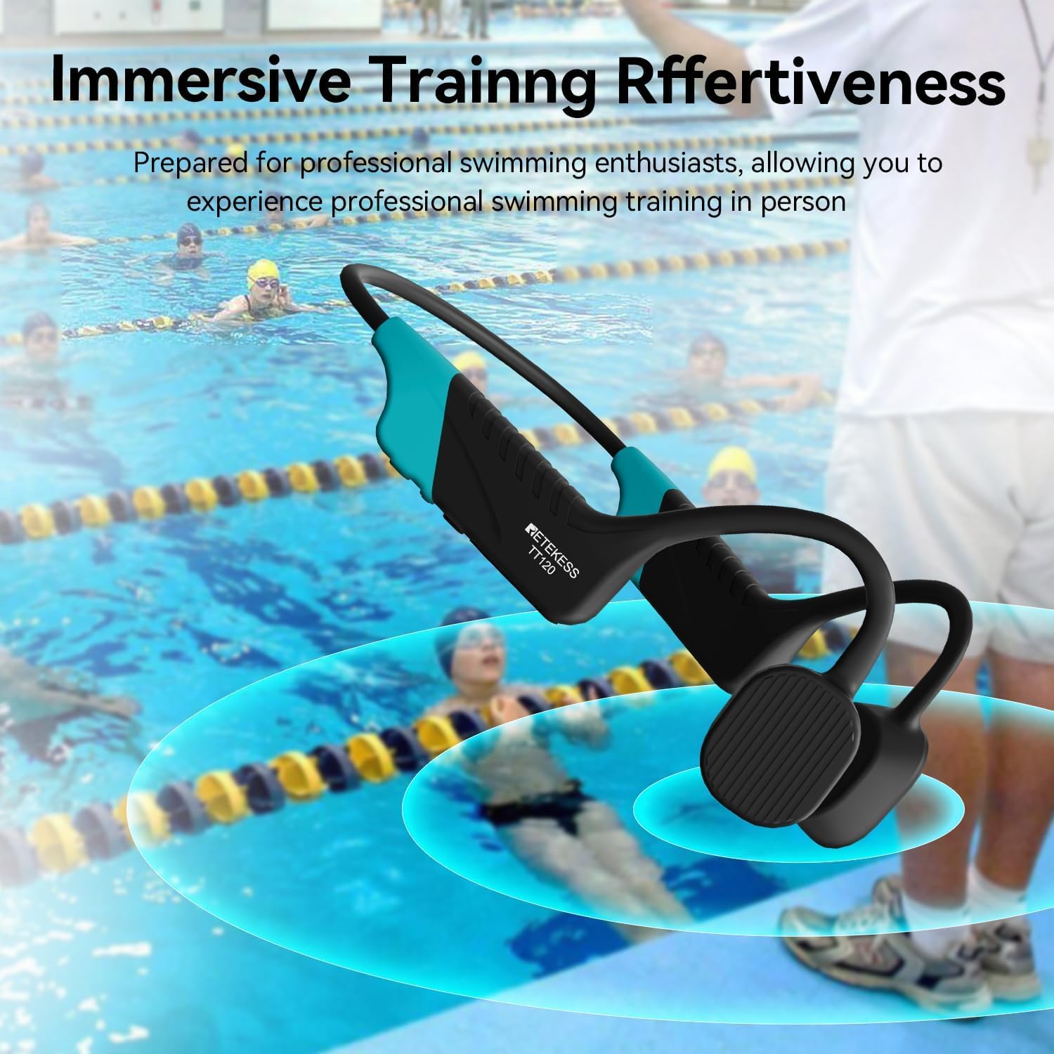 Retekess TT120 Récepteur de Casque de Natation, Casque à Conduction Osseuse pour La Natation, IP68 étanche, 120 M, Système de Communication sous-Marine pour Le Coaching en Temps Réel