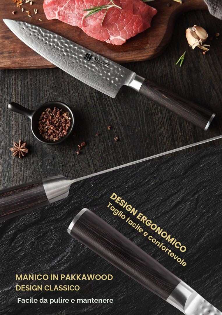 XINZUO 20.1cm Coltello da Cuoco Acciaio Damasco, Coltello da chef Professionale Forgiato a Mano Coltello da Cucina con Ergonomico Manico in Legno di Pakka- He Serie