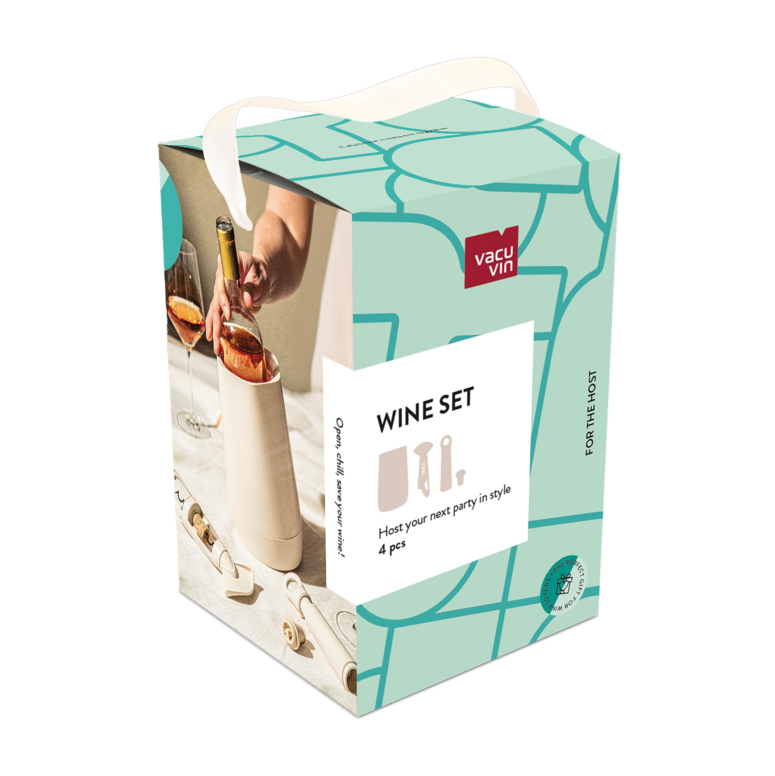 Vacu Vin Host Weinset - Sand (4-teilig) - Geschenkwürdiges Weinzubehör-Set mit Kühler, Vakuumschoner, Twister-Korkenzieher & tropffreiem Servierteller - aus recyceltem Material