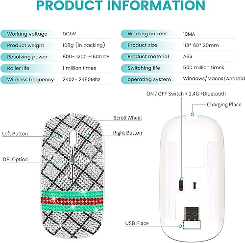 Miniatura 6 de Ratón inalámbrico, ratón óptico silencioso de 2.4 GHz con conexión inalámbrica Bluetooth de modo dual RGB colorido luminoso para