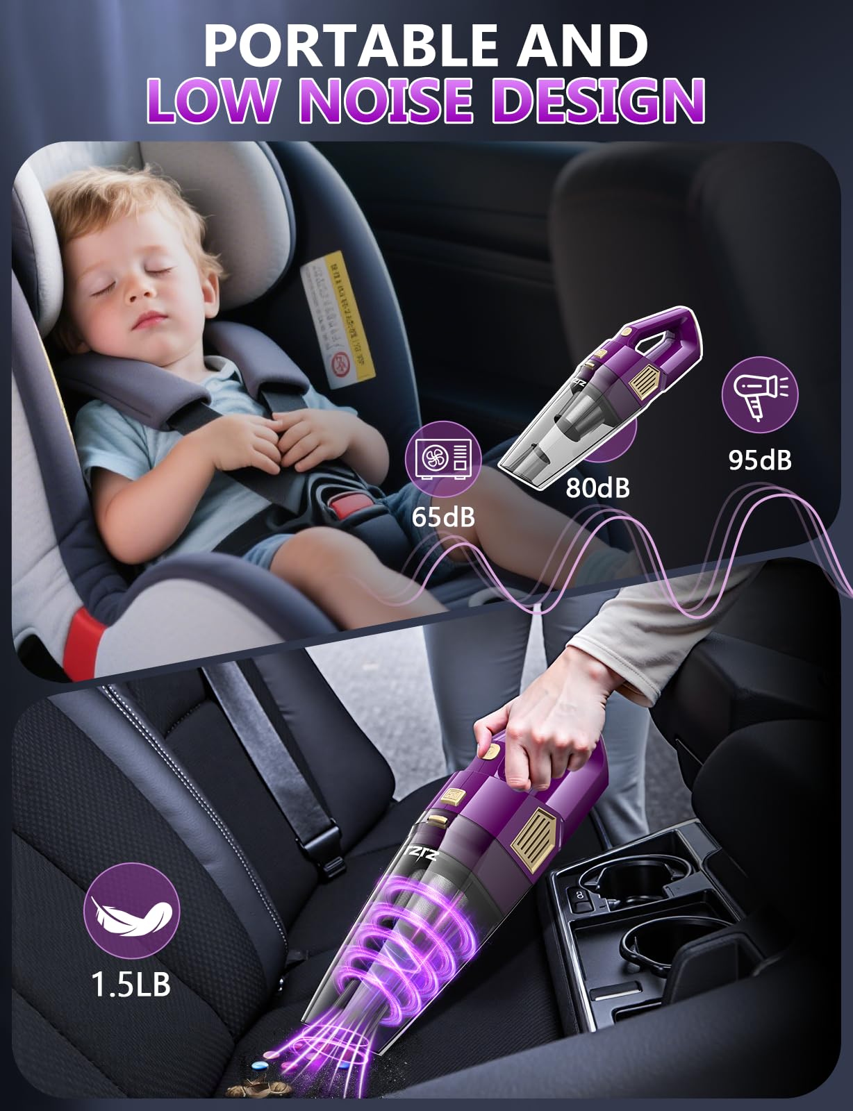 ZJZJ Handheld Vacuum Cordless, 15000PA Powerful Suction Hand Held Car Vacuum Cleaner Rechargeable with Multi-Nozzles & Washable Filters, High Power Lightweight Dust Busters for Home, Pet, Car, Office