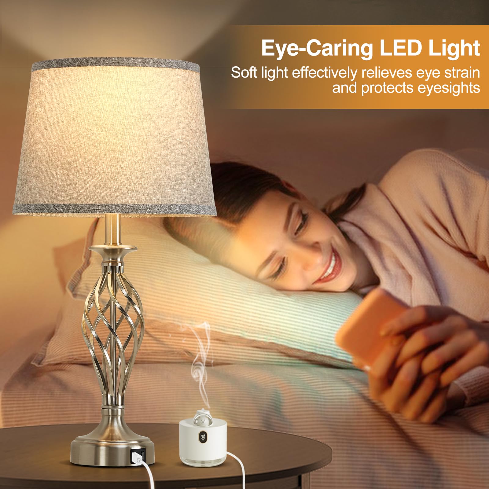 Nachttisch Tischlampen für Schlafzimmer 2er Set mit USB C+A, Nachttischlampen mit Spiralkäfigsockel, hohe Wohnzimmerlampen für Beistelltische, moderne Nachttischlampen für Bett Seite Gästezimmer
