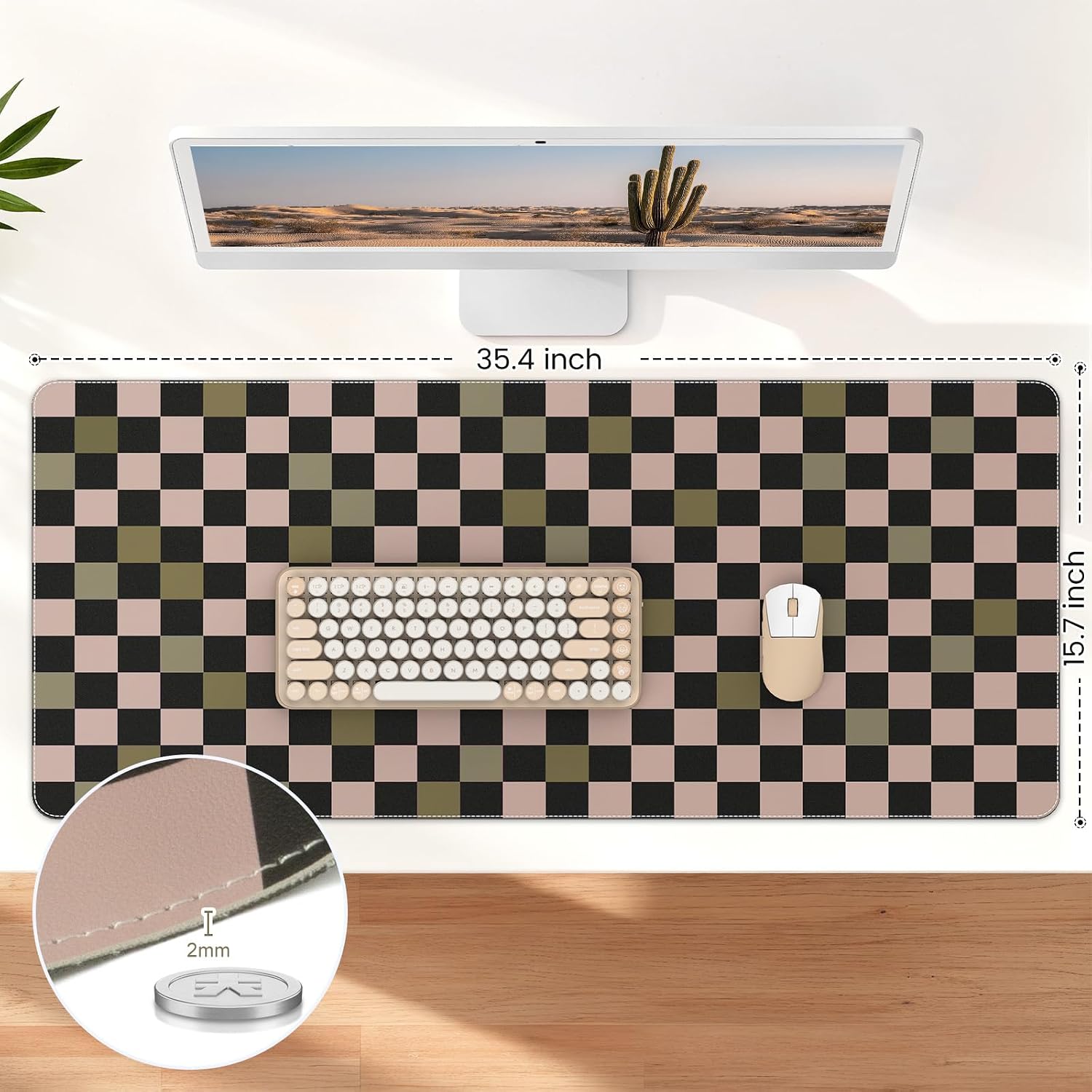 HAOCOO Checkered Desk Mat, Non-Slip Mouse Pads, Waterproof Gingham Desk Matt for Desktop, Stitched Edge Leather Desk Pad, 35.4" x 15.7" Keyboard and Mouse Pad, Non-Slip Desk Protector Work from Home image 2