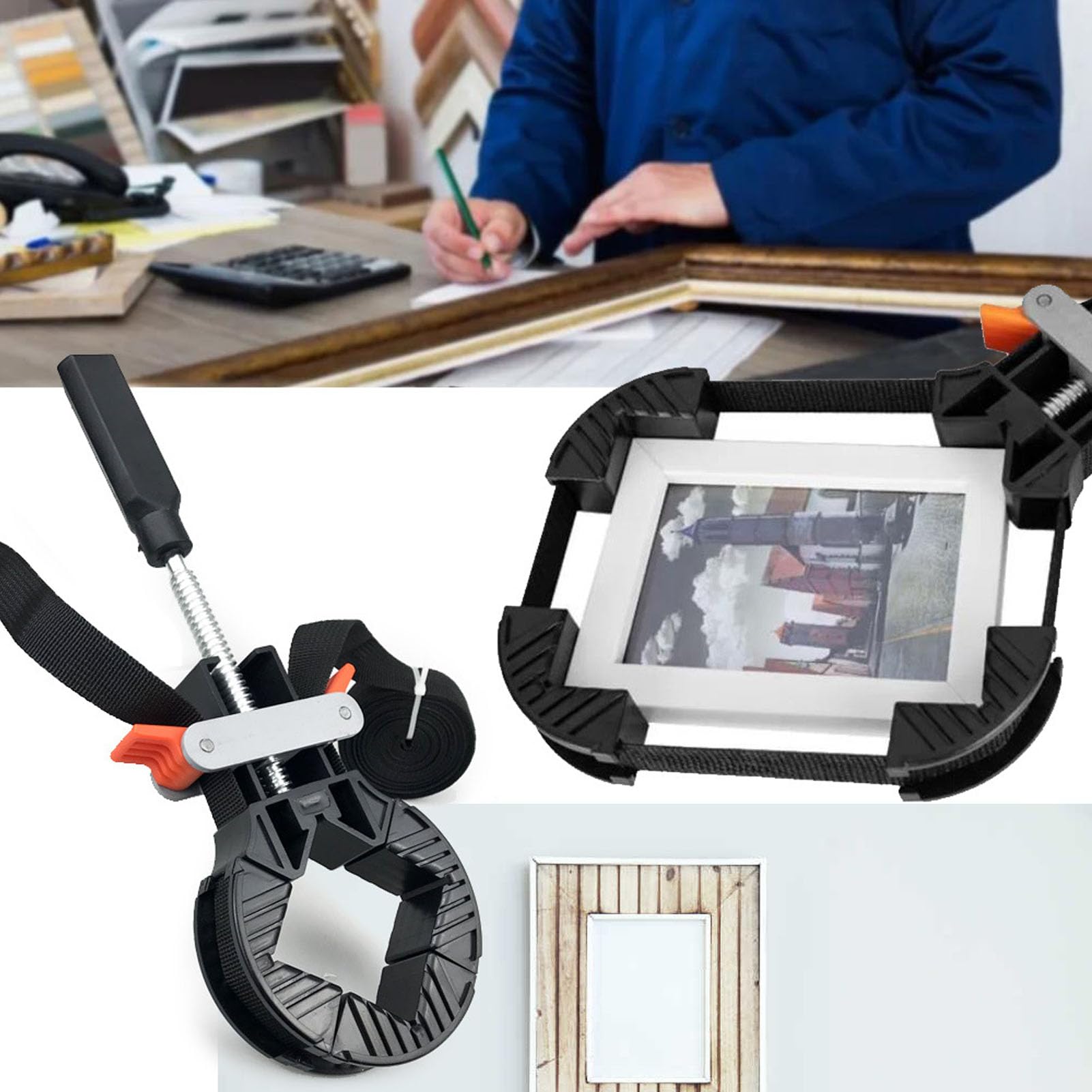 Strap Clamp for Woodworking, Adjustable Picture Frame Clamp with 32ft Nylon Strap, Quick Tension Band Clamp Crafting Tool, ABS Material