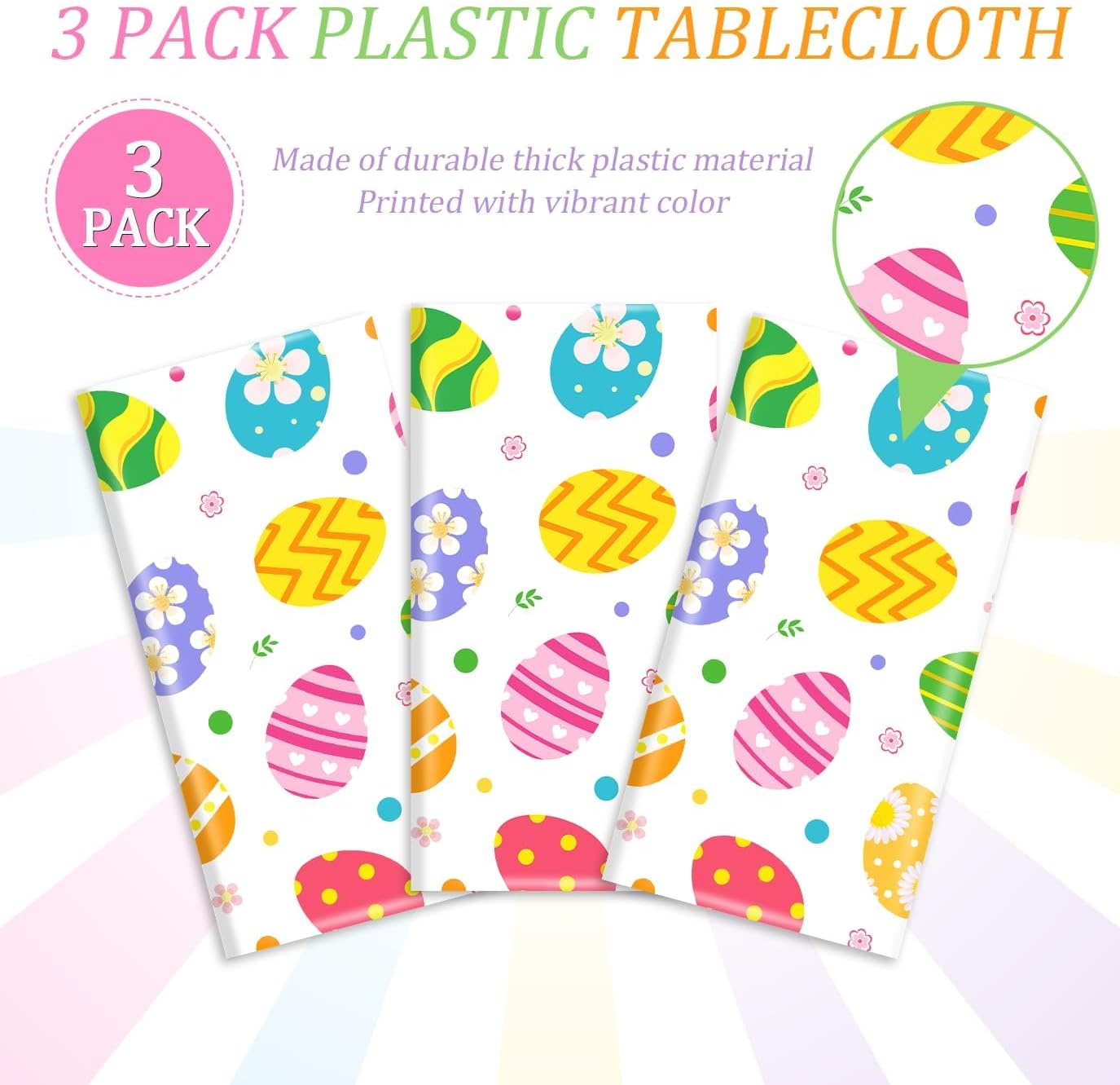 3Pcs Easter Party Disposable Tablecloth Bright Easter Eggs Printed Plastic Table Cover Spring Flower Dot Waterproof TableCover for Kids' Egg Hunt Holiday Party Table Decorations