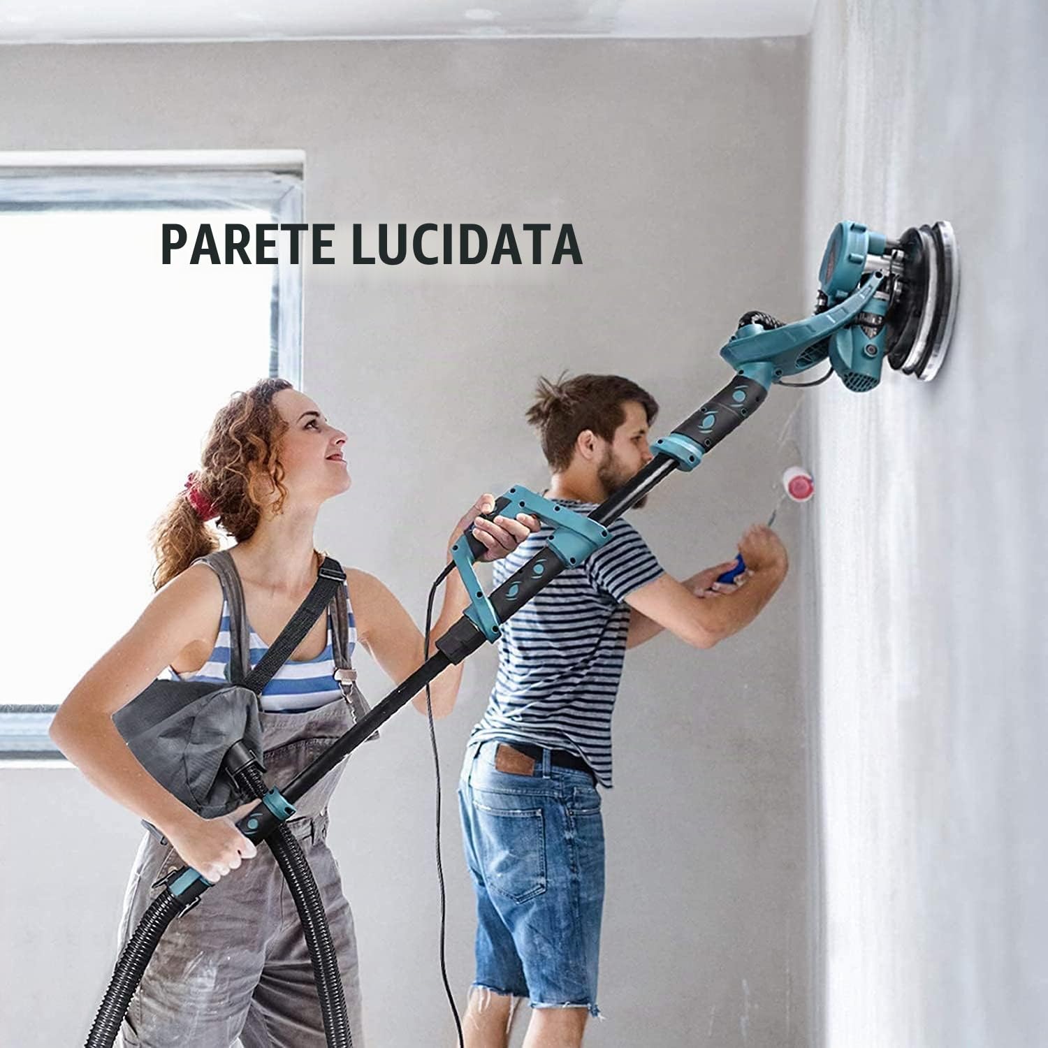 Levigatrice per Muro e Soffitti Levigatrice a Giraffa 1100W Con 5 Regolazione di Velocità 800-1700RPM Con LED Raccolta automatica di polvere e 6 Dischi di Carta Abrasiva