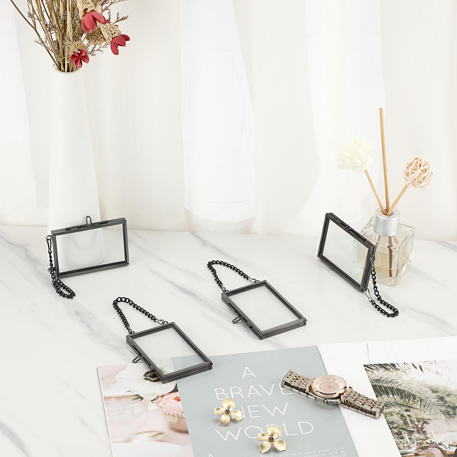 4 Mini Cornici Quadrate In Metallo E Vetro, Oro, 7x7 Cm, Da Appendere, Per Foto, Fiori Pressati E Ricordi, Decorazione Casa