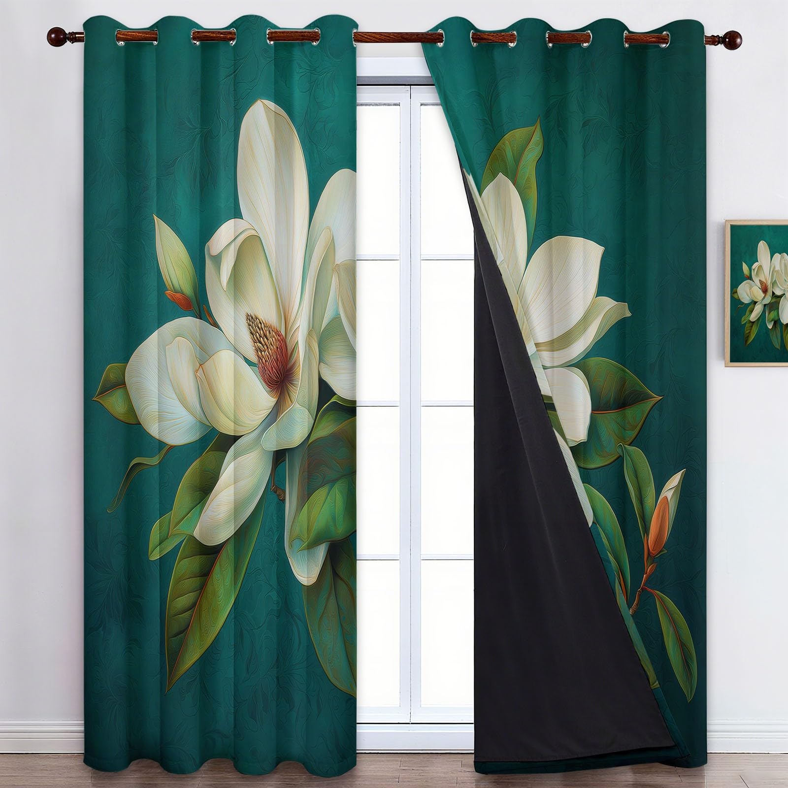 Izolowane termicznie zasłony zaciemniające do domu na zimno i ciepło 100% zaciemnienie kwiaty magnolii malowane olejnie są eleganckie, akustyczne z oczkami do salonu sypialni 2 sztuki, zielone, 117 x