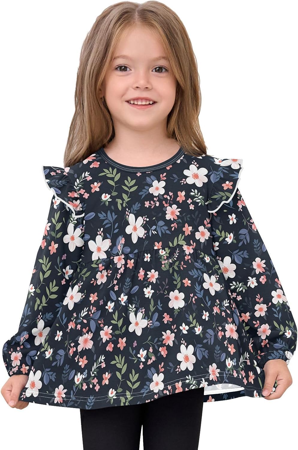 visesunny Toddler Clothes for Girls Dark-Colored Wildflower Long Sleeve Fall Shirts Cotton Top with Ruffle Collar