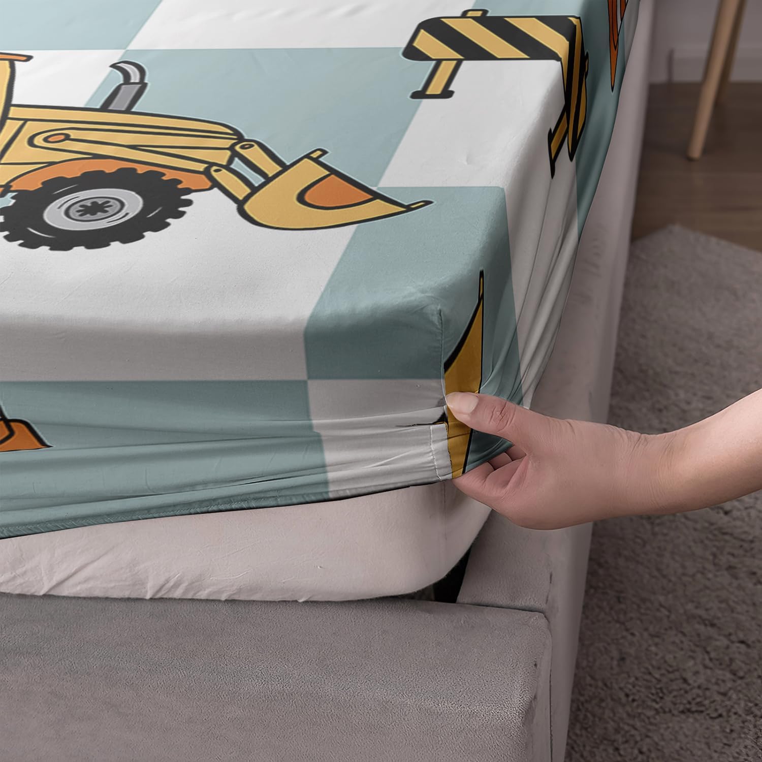AILONEN Cute Excavator Fitted Sheet Set Twin XL Size,Construction Excavator Tractor Bed Sheet Set for Kids,3Pcs Blue White Checkerboard Pattern Fitted Sheet with 2 Pillowcases