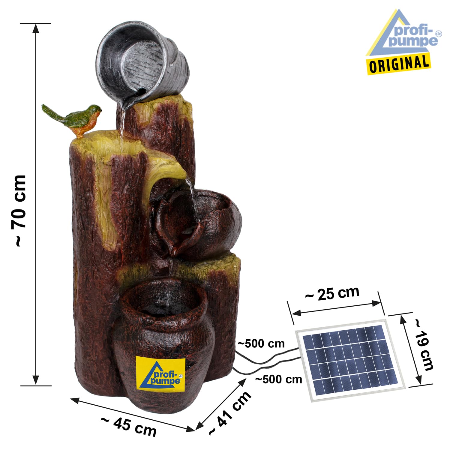 Fuente Solar para jardín Fuente BAUMSTUMPF & TONKRÜGE Fuente en Cascada para terraza, balcón, Modelo Mejorado con función de Arranque instantáneo de Bomba con batería de Iones de Litio y luz LED