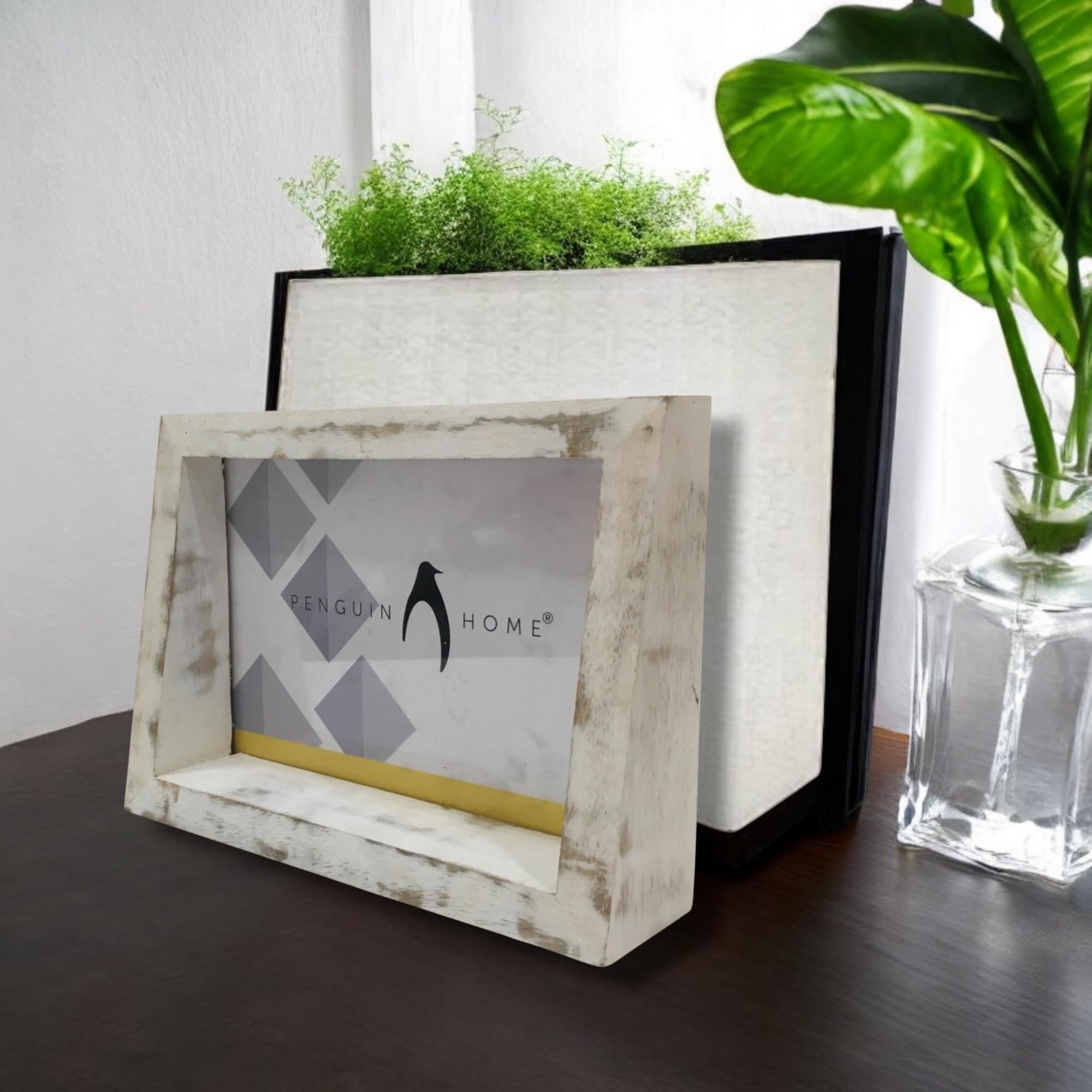 Penguin Home Mangowood Horizontal Photo Frame 5"X7" (12 X 17 CM) - White Distress Finish, Rustic Vintage Style, Handcrafted Wooden Picture Frame for Wall or Tabletop, Ideal for Home Decor, Gifts