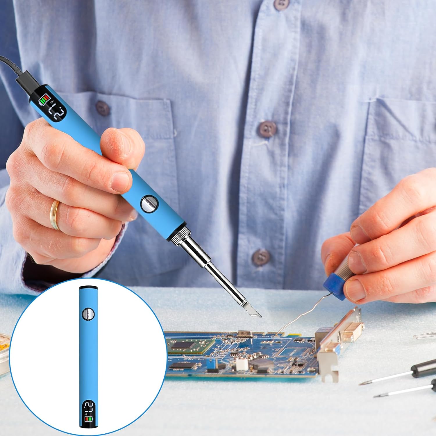 Portable Soldering Iron Cart Pen - USB-C Rechargeable with LED Screen, 510 Thread Universal Connector, 3-Temp Ceramic Heating (200-450°C), 650mAh for Electronics Repair, DIY, & Phone Fix (Blue)